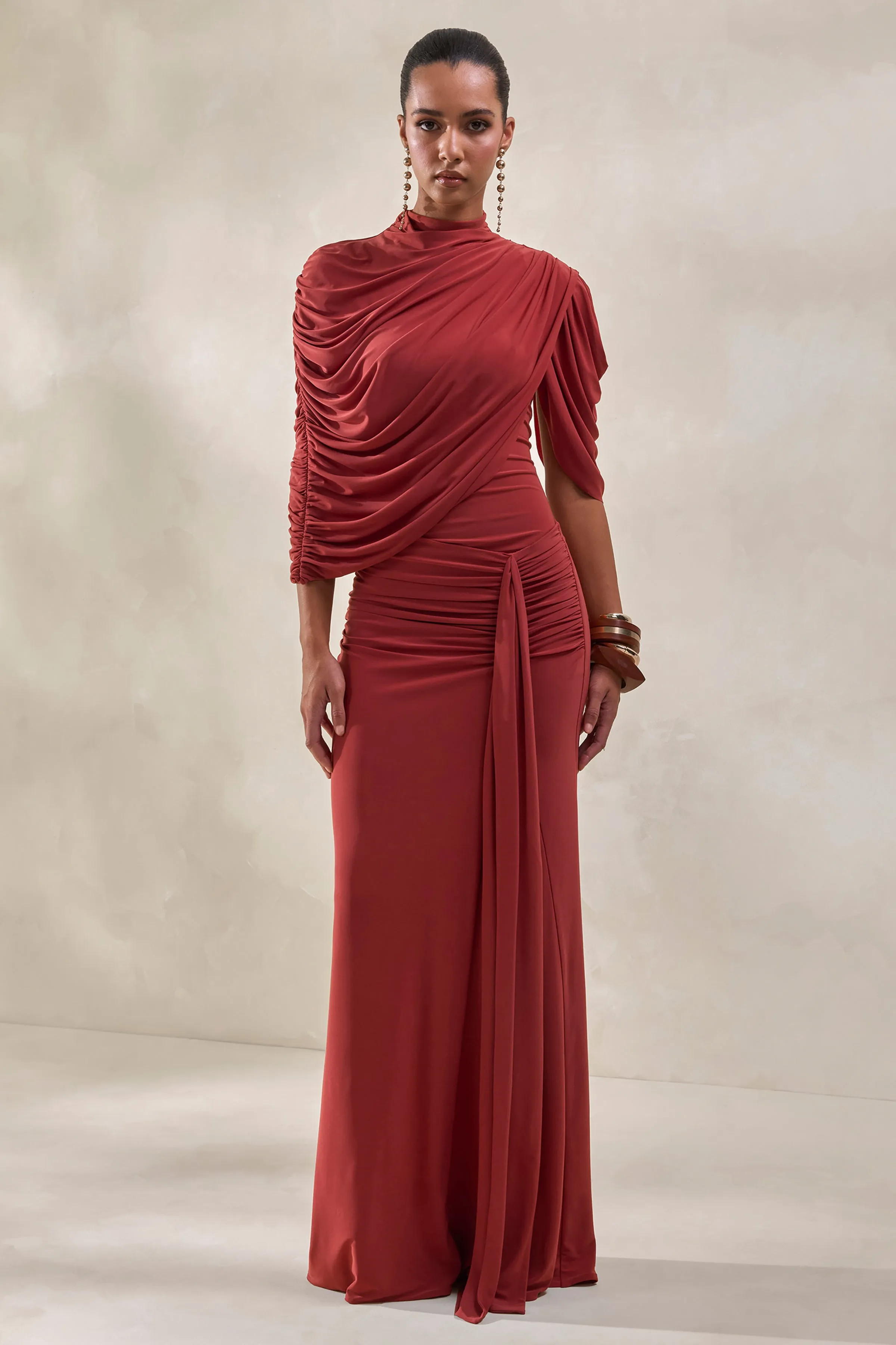 Mireya | Rust Wrapped Maxi Skirt With Split sold by Club L London
