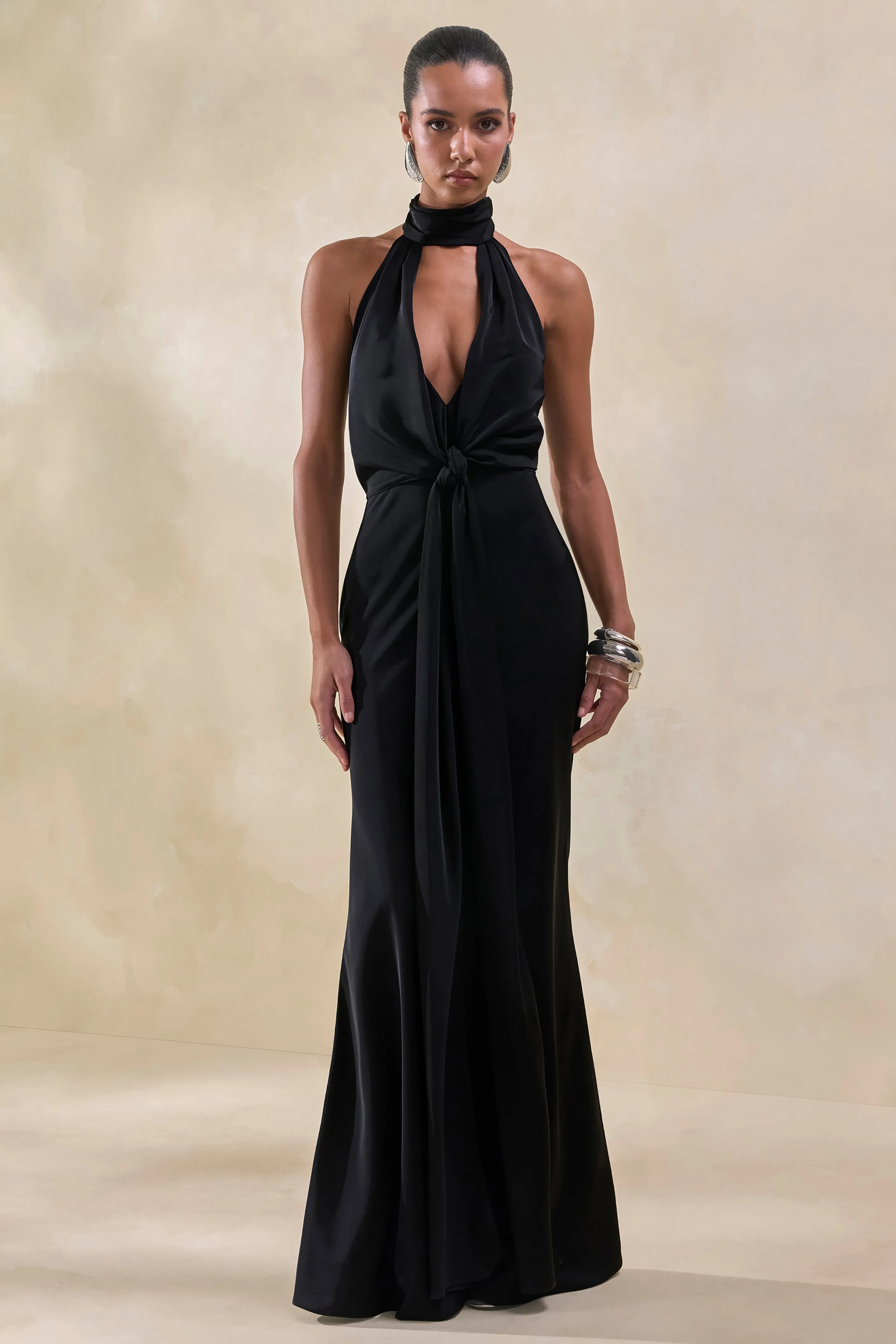 Canella | Black Satin Halter-Neck Maxi Dress With Sash-Detail sold by Club L London product image thumbnail 4