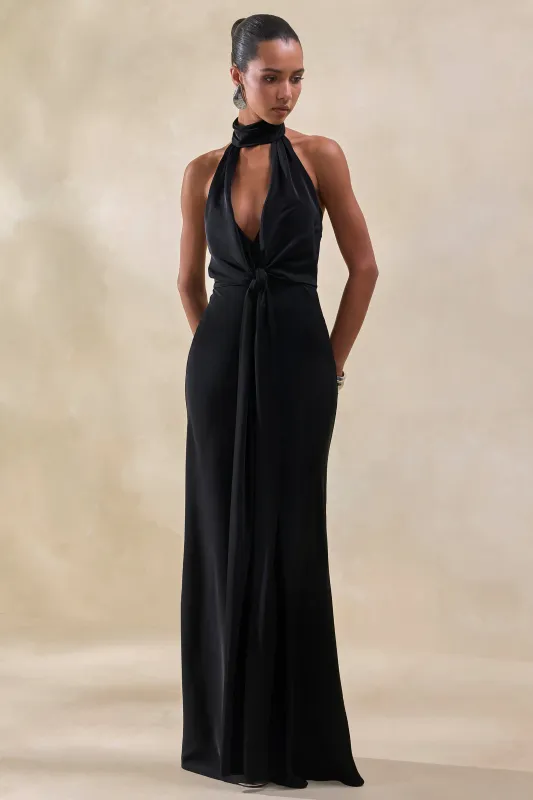 Canella | Black Satin Halter-Neck Maxi Dress With Sash-Detail made by Club L London