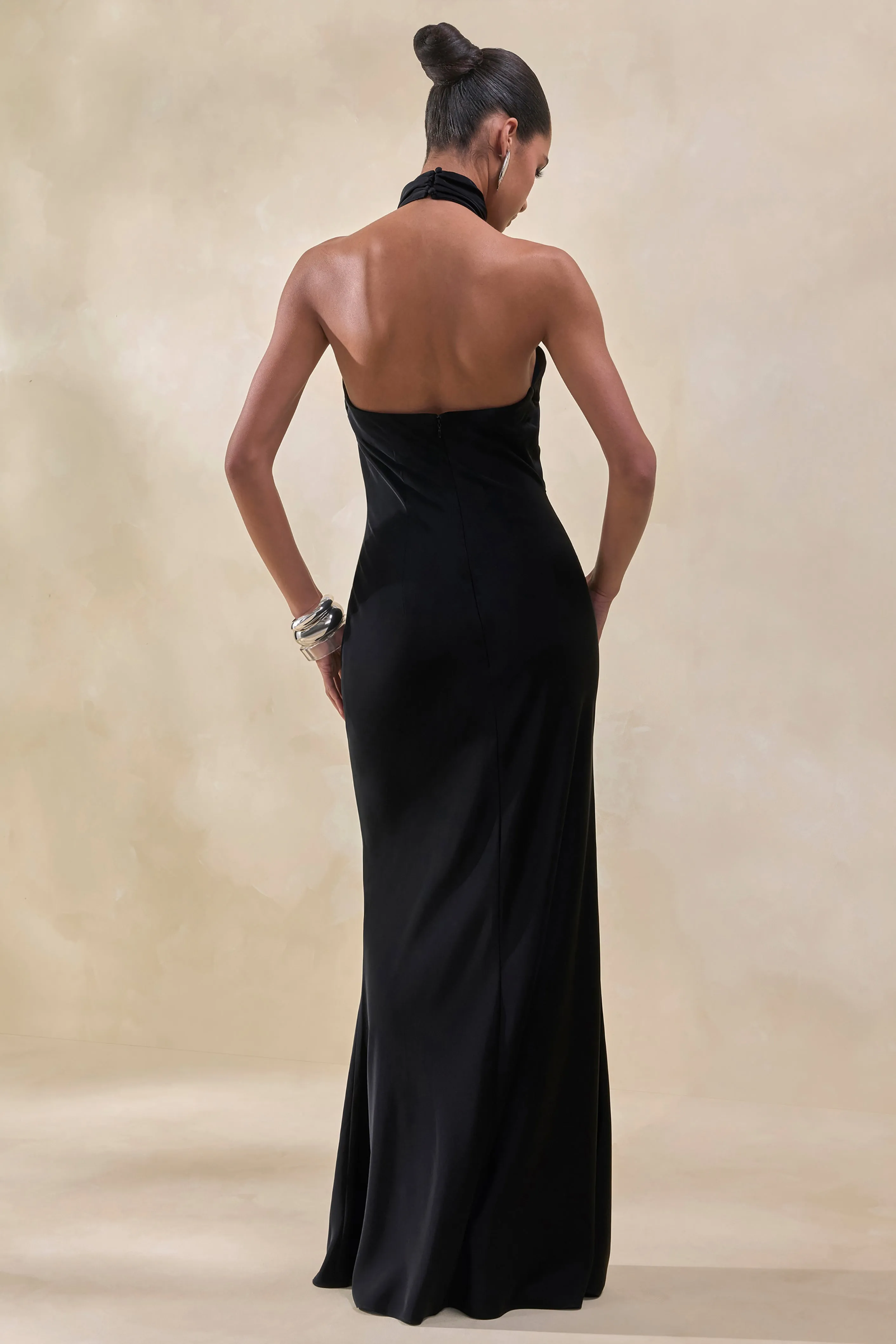 Canella | Black Satin Halter-Neck Maxi Dress With Sash-Detail sold by Club L London product image thumbnail 2