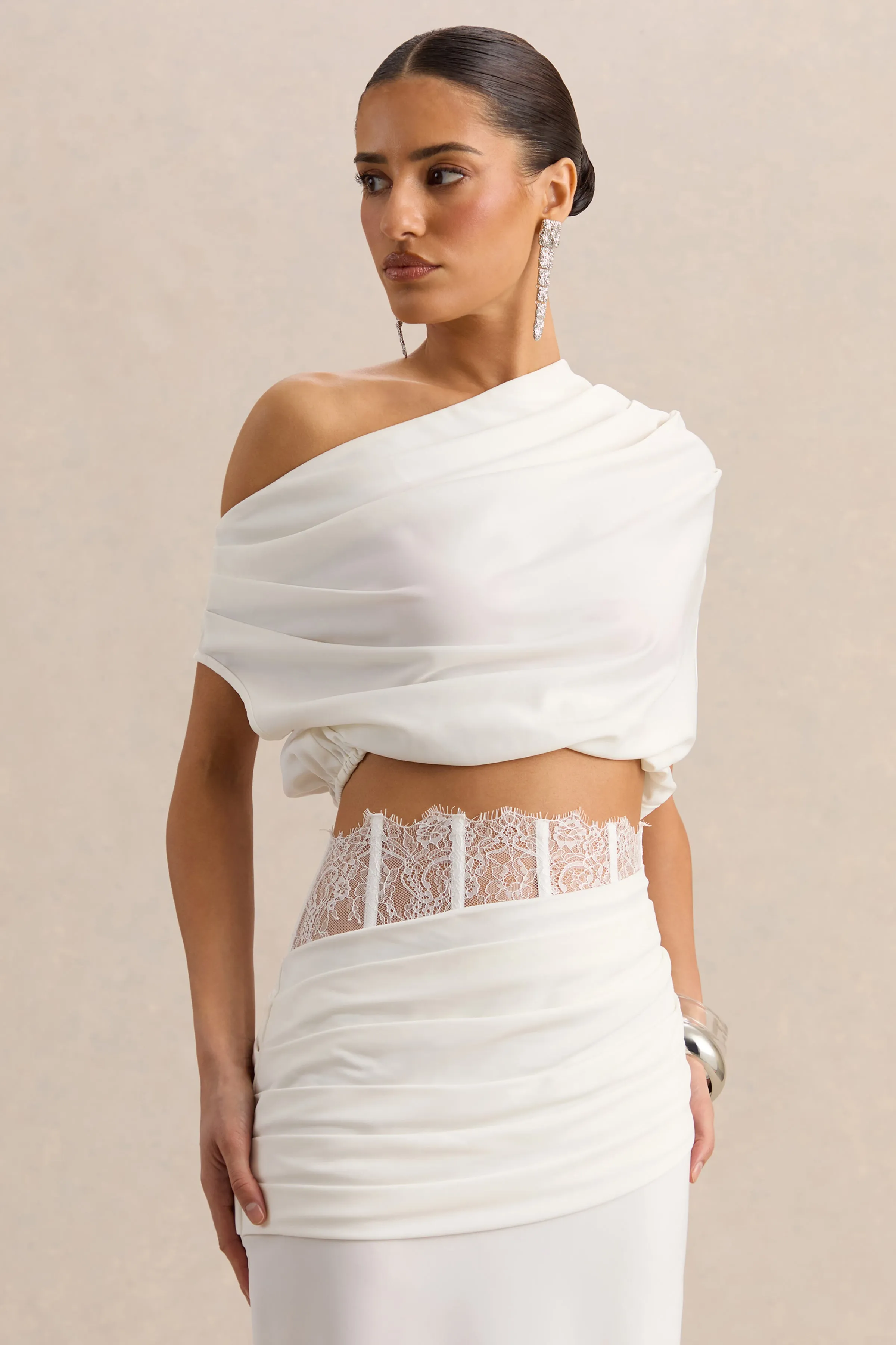 Yaselle | White Satin Asymmetric-Neck Crop-Top sold by Club L London product image thumbnail 4