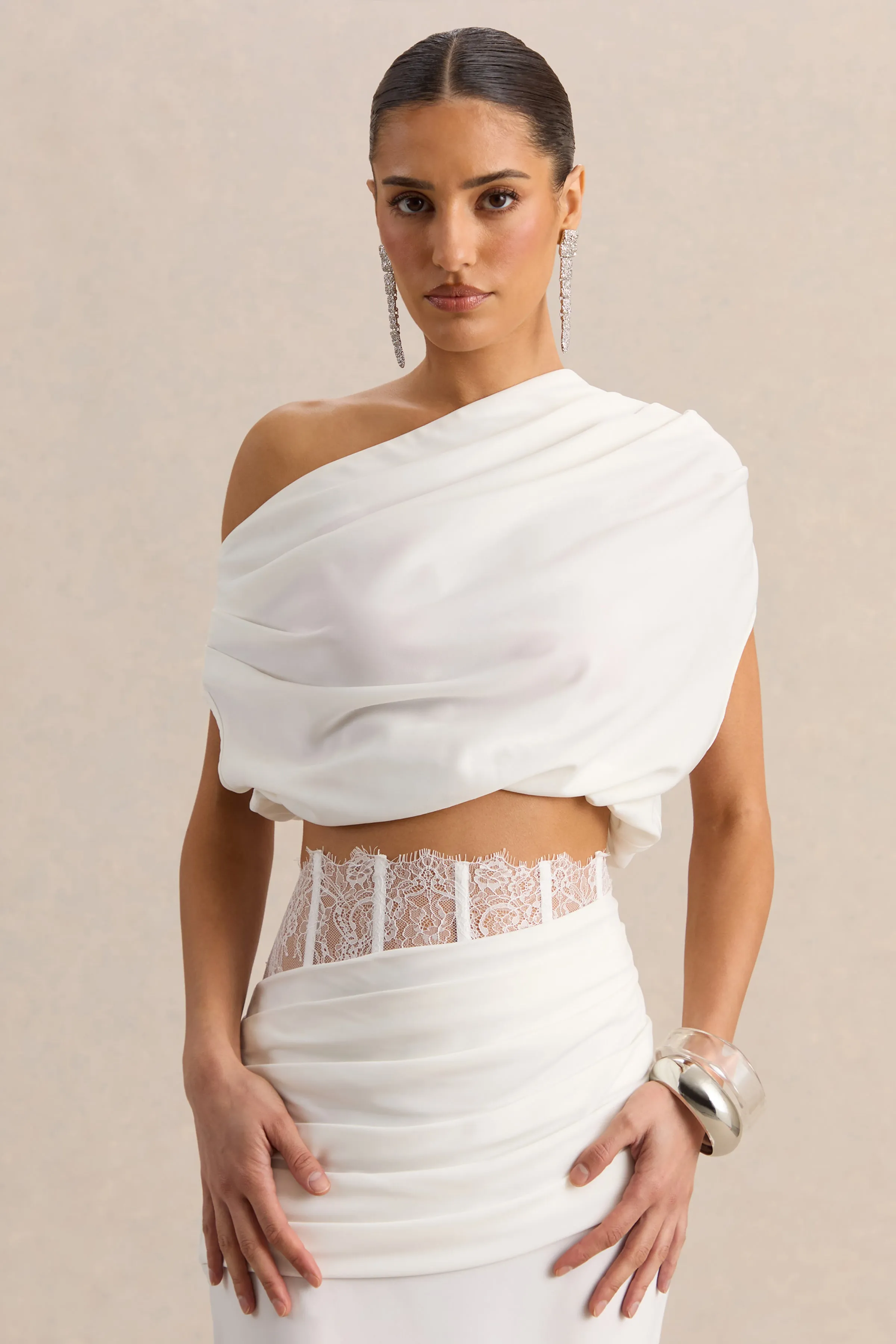 Yaselle | White Satin Asymmetric-Neck Crop-Top sold by Club L London