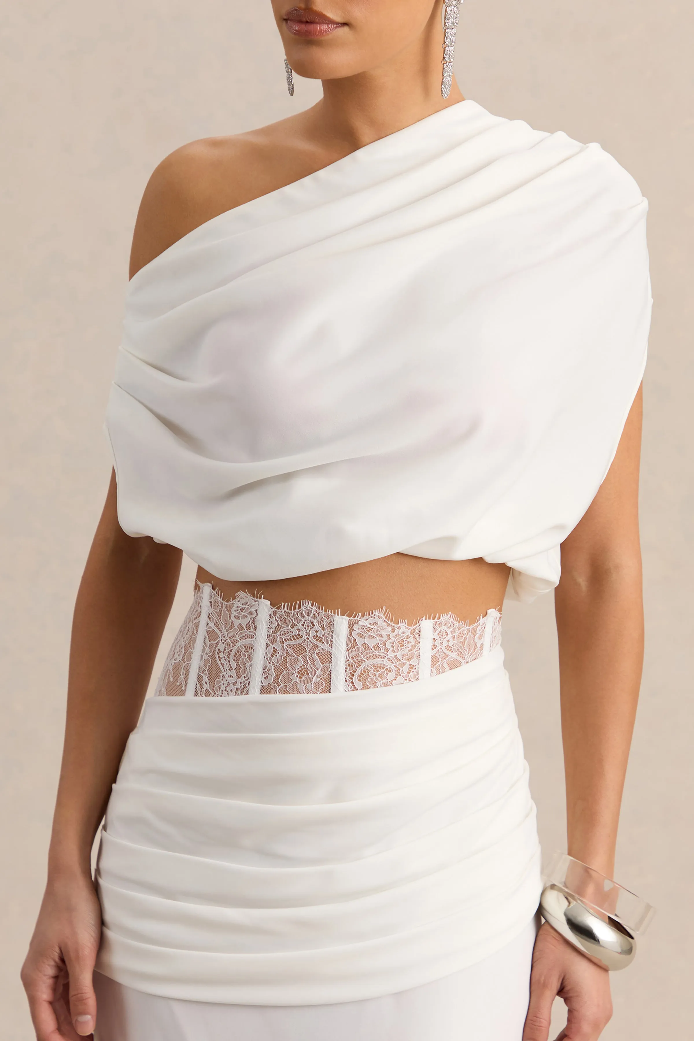 Yaselle | White Satin Asymmetric-Neck Crop-Top sold by Club L London product image thumbnail 5