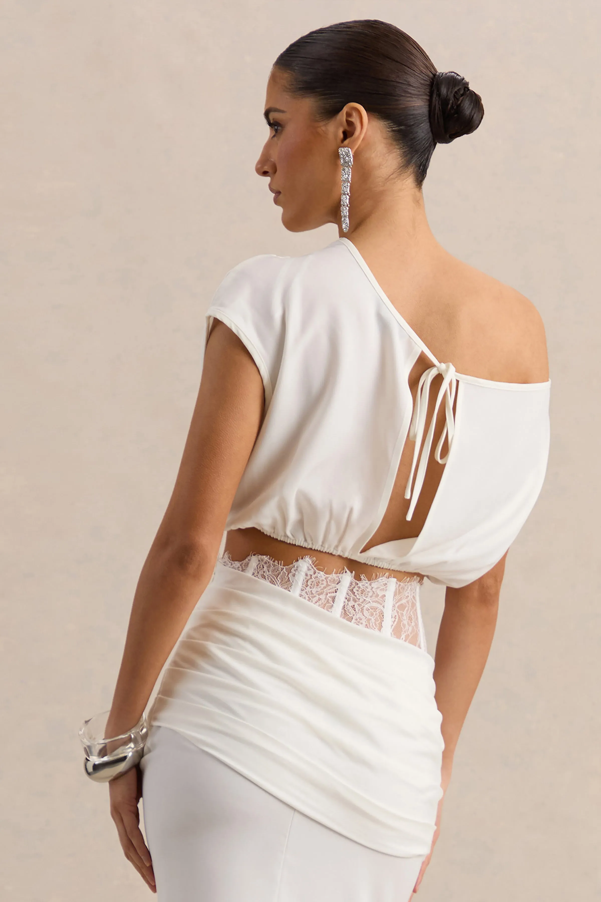 Yaselle | White Satin Asymmetric-Neck Crop-Top sold by Club L London product image thumbnail 2