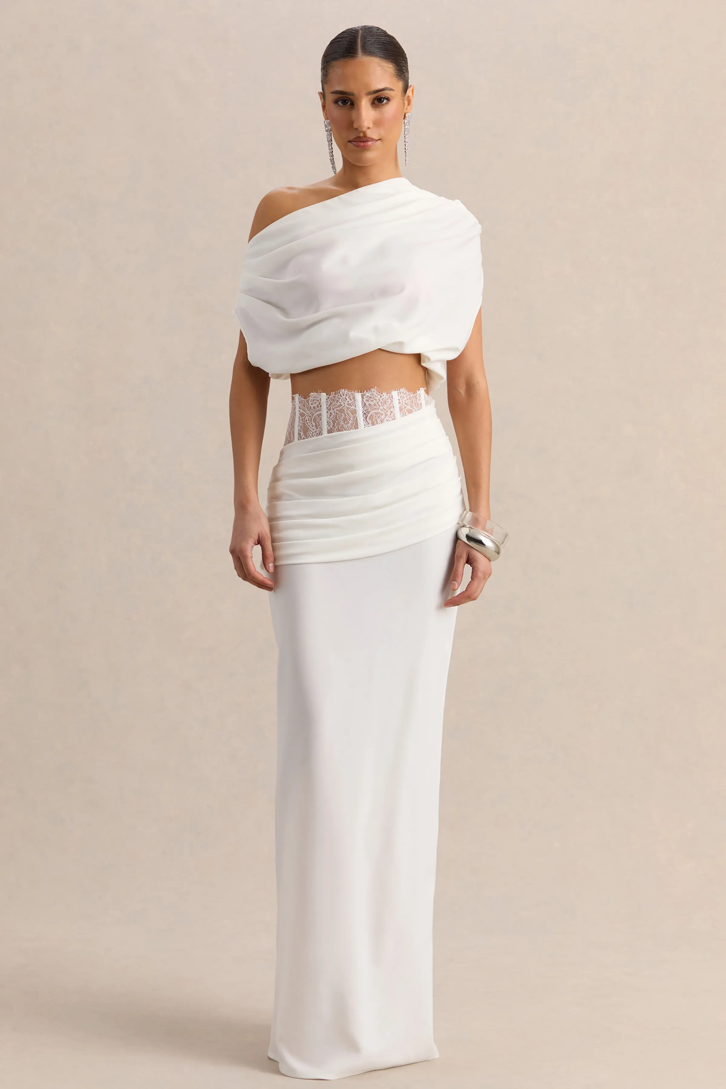 Yaselle | White Satin Asymmetric-Neck Crop-Top sold by Club L London product image thumbnail 3