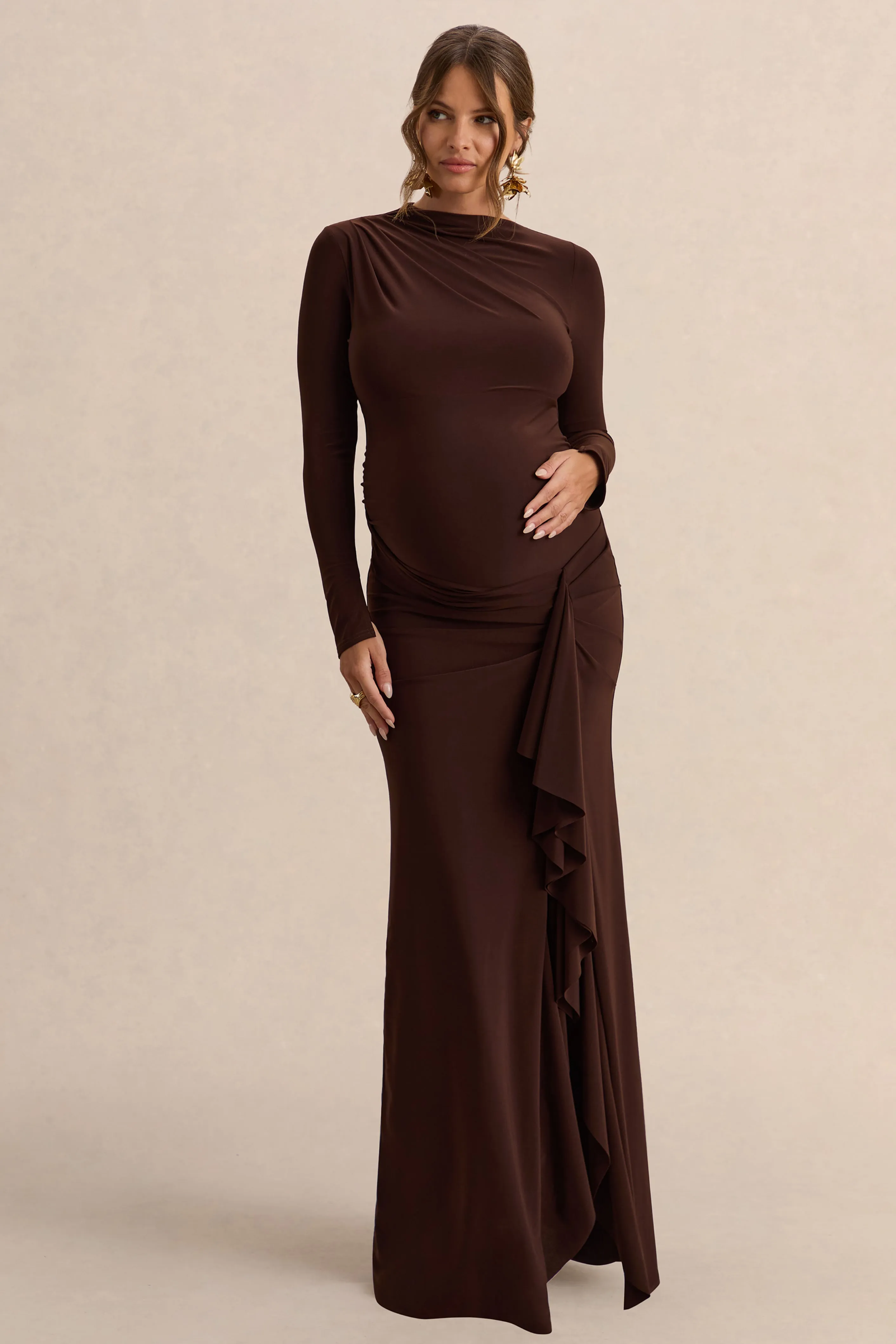 Kamira | Dark Brown Round-Neck Maternity Maxi Dress With Gathered Detailing sold by Club L London product image thumbnail 5