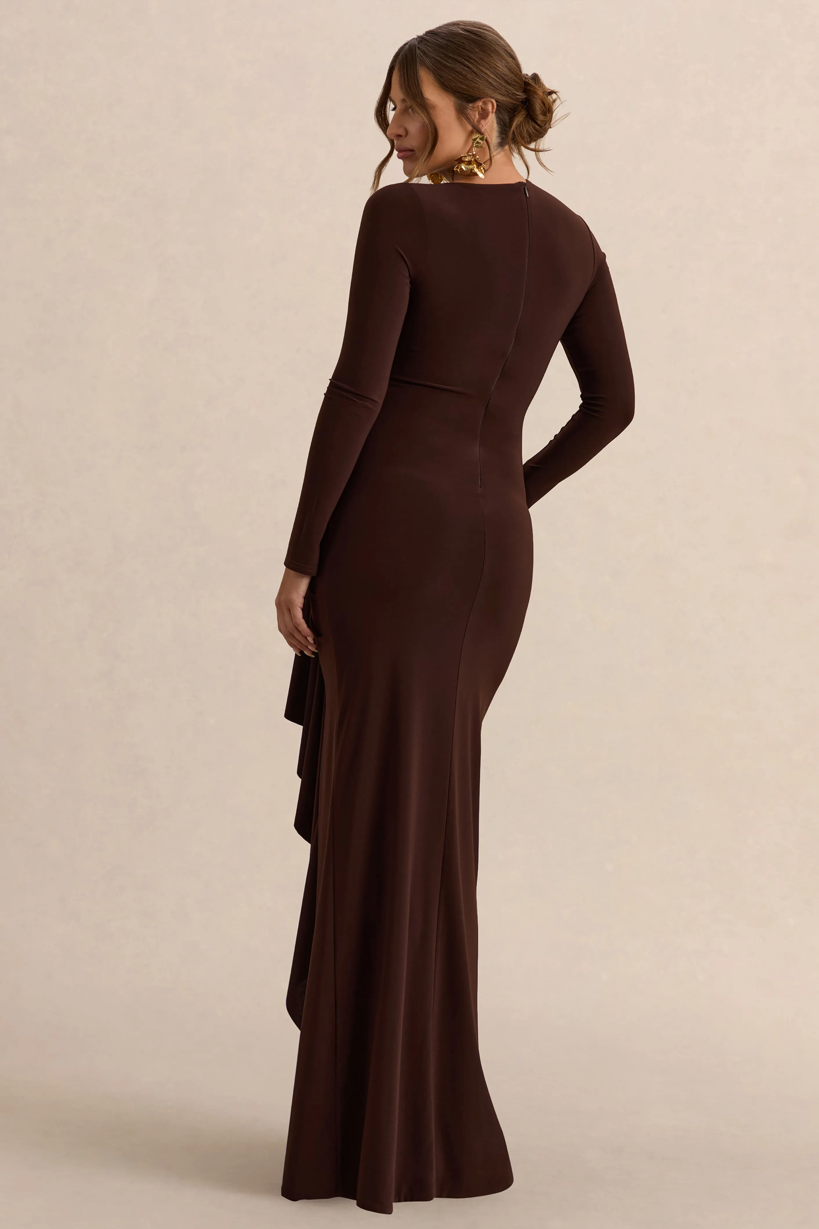 Kamira | Dark Brown Round-Neck Maternity Maxi Dress With Gathered Detailing sold by Club L London product image thumbnail 2