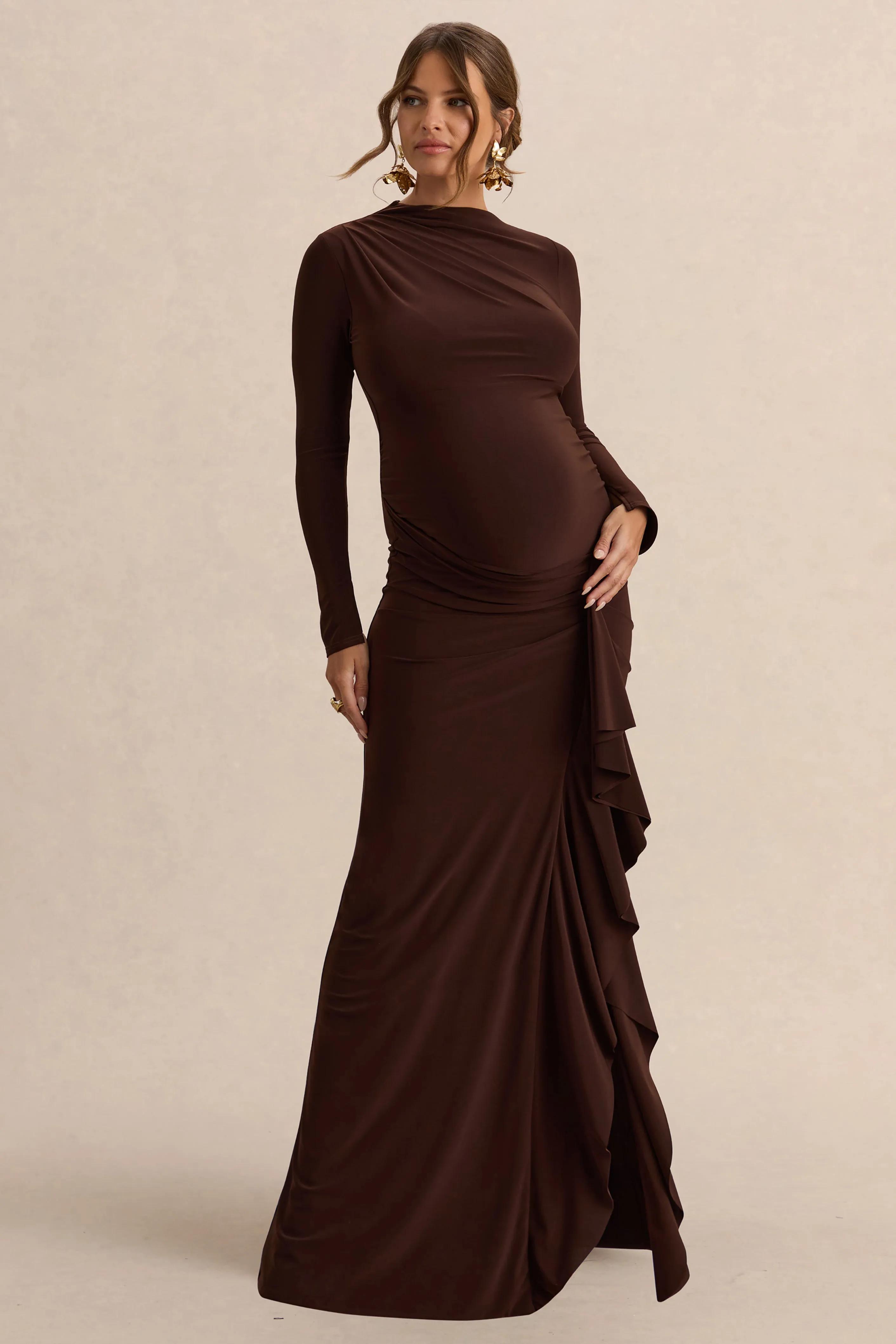 Kamira | Dark Brown Round-Neck Maternity Maxi Dress With Gathered Detailing sold by Club L London product image thumbnail 4