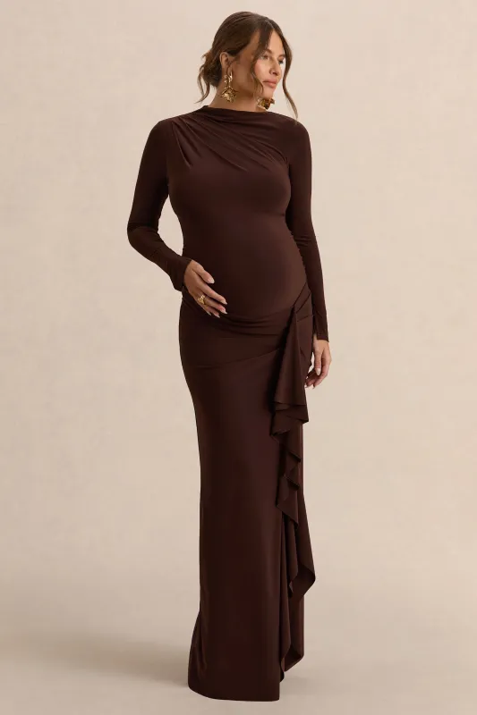 Kamira | Dark Brown Round-Neck Maternity Maxi Dress With Gathered Detailing made by Club L London