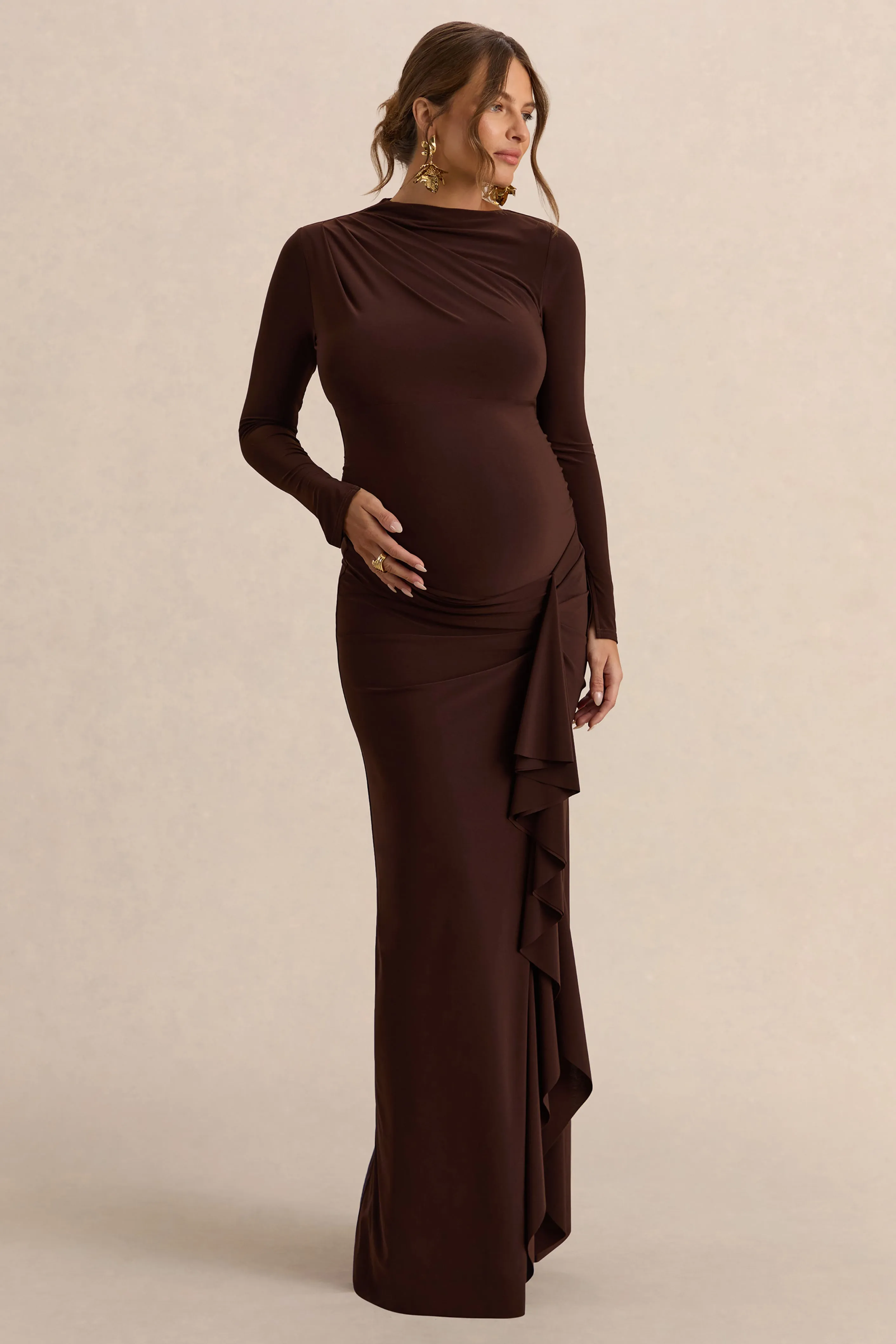 Kamira | Dark Brown Round-Neck Maternity Maxi Dress With Gathered Detailing sold by Club L London