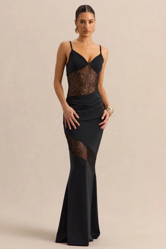 Belvair | Black Satin And Lace Maxi Dress With Draped-Detail made by Club L London