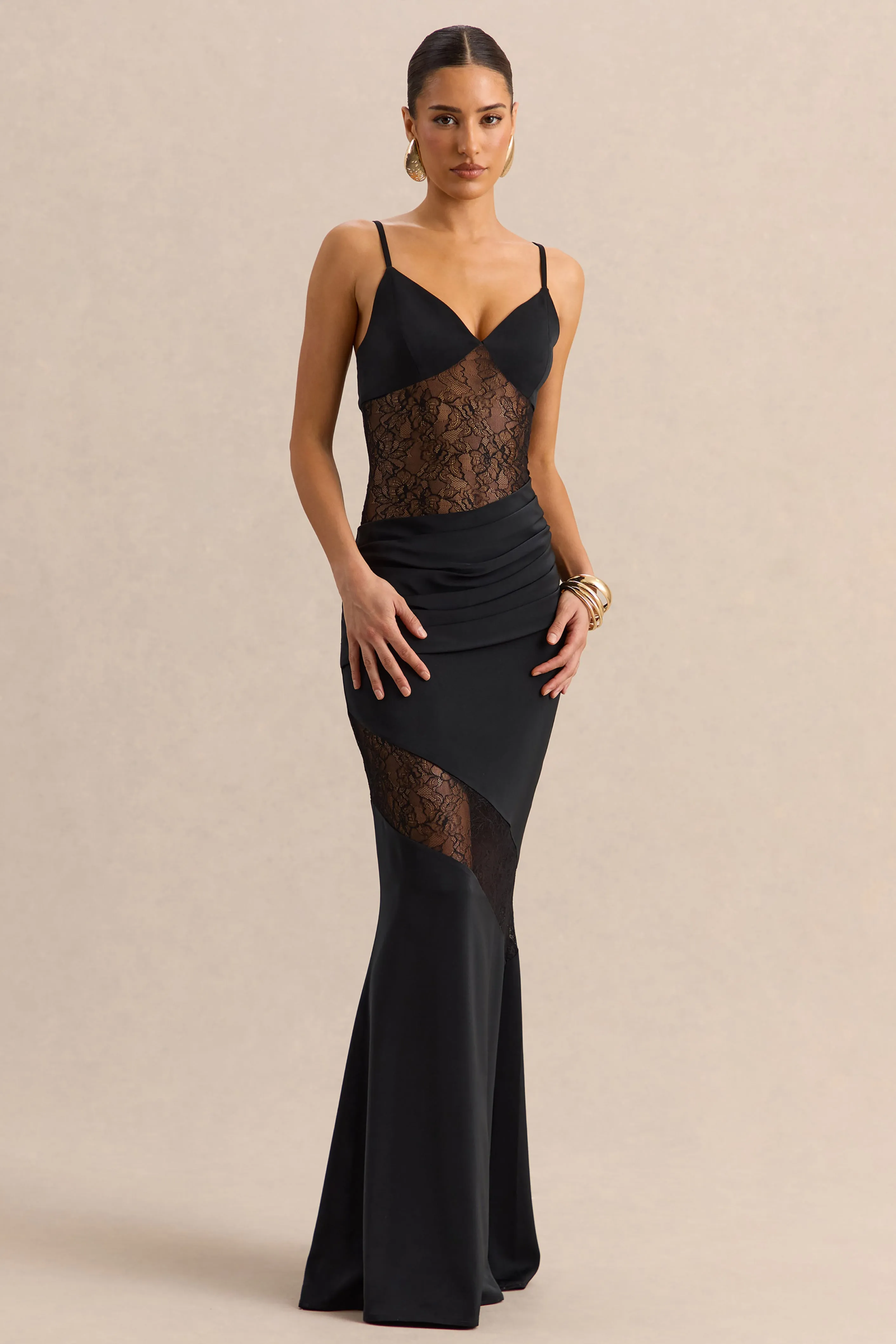 Belvair | Black Satin And Lace Maxi Dress With Draped-Detail sold by Club L London