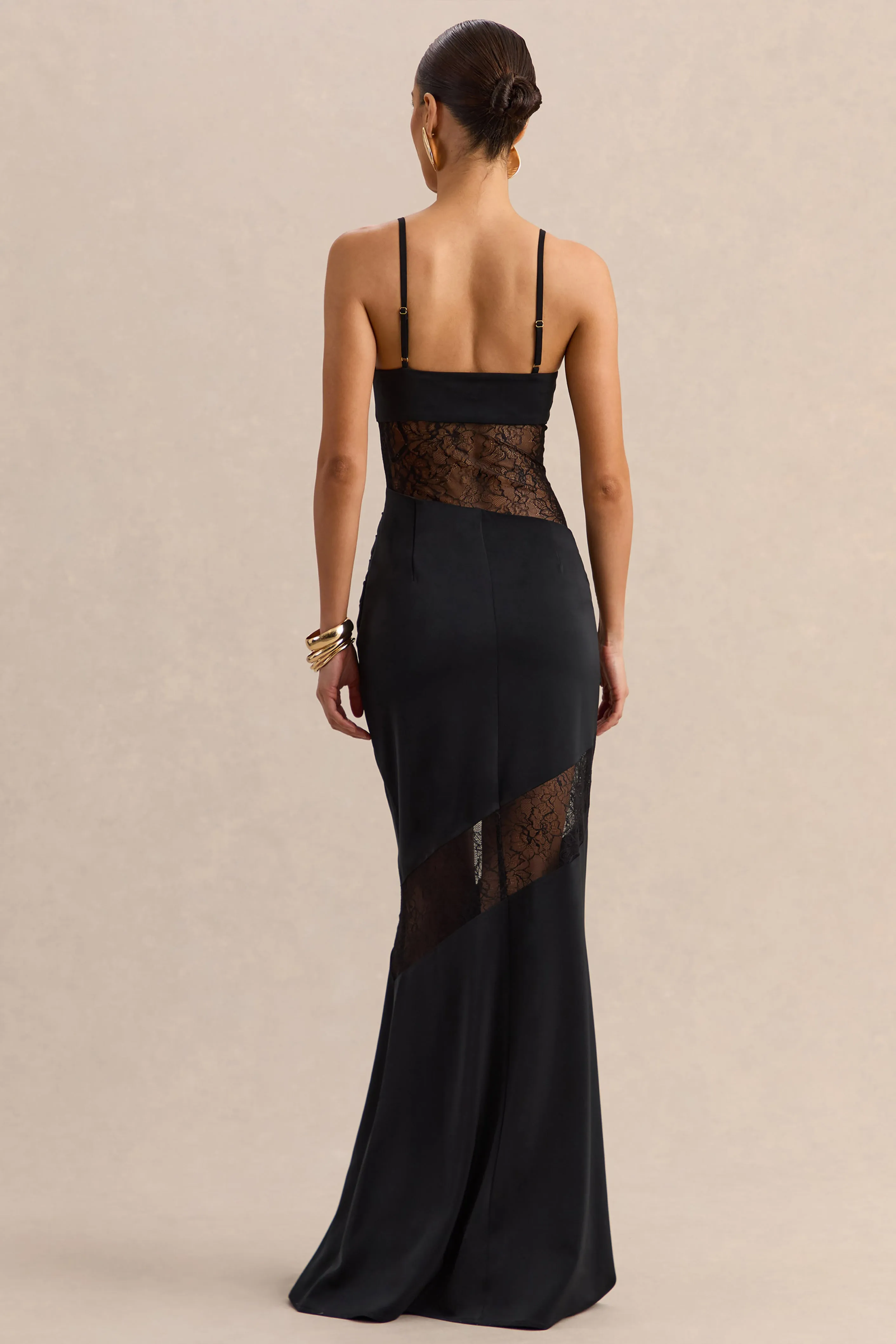 Belvair | Black Satin And Lace Maxi Dress With Draped-Detail sold by Club L London product image thumbnail 2
