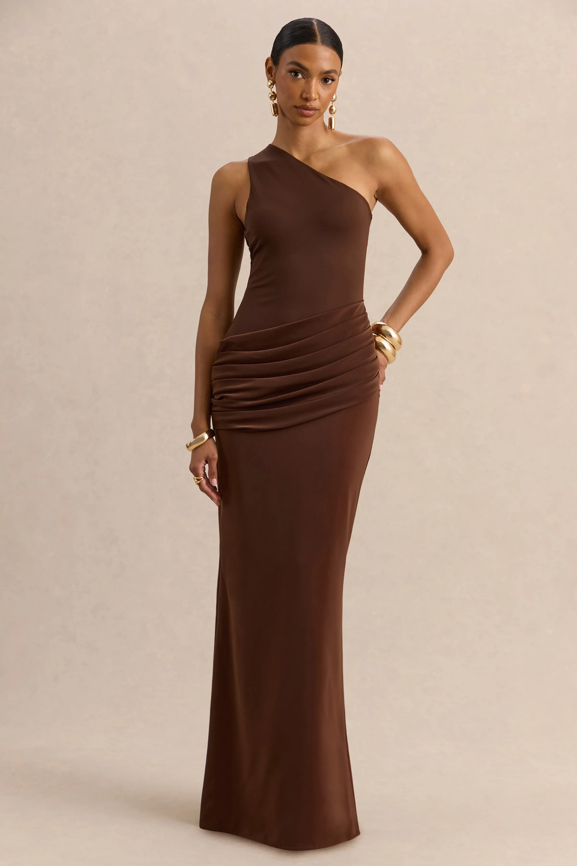 Arovia | Brown Satin Asymmetric-Neck Maxi Dress With Draped-Detail sold by Club L London product image thumbnail 4