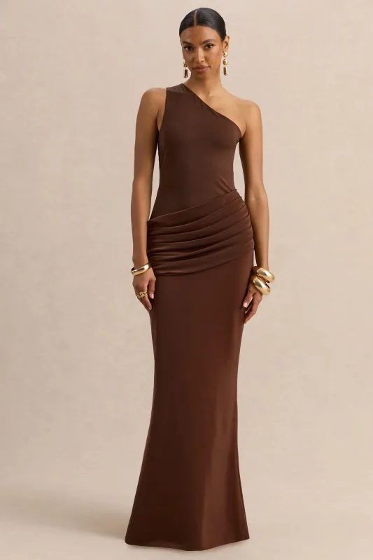 Arovia | Brown Satin Asymmetric-Neck Maxi Dress With Draped-Detail made by Club L London
