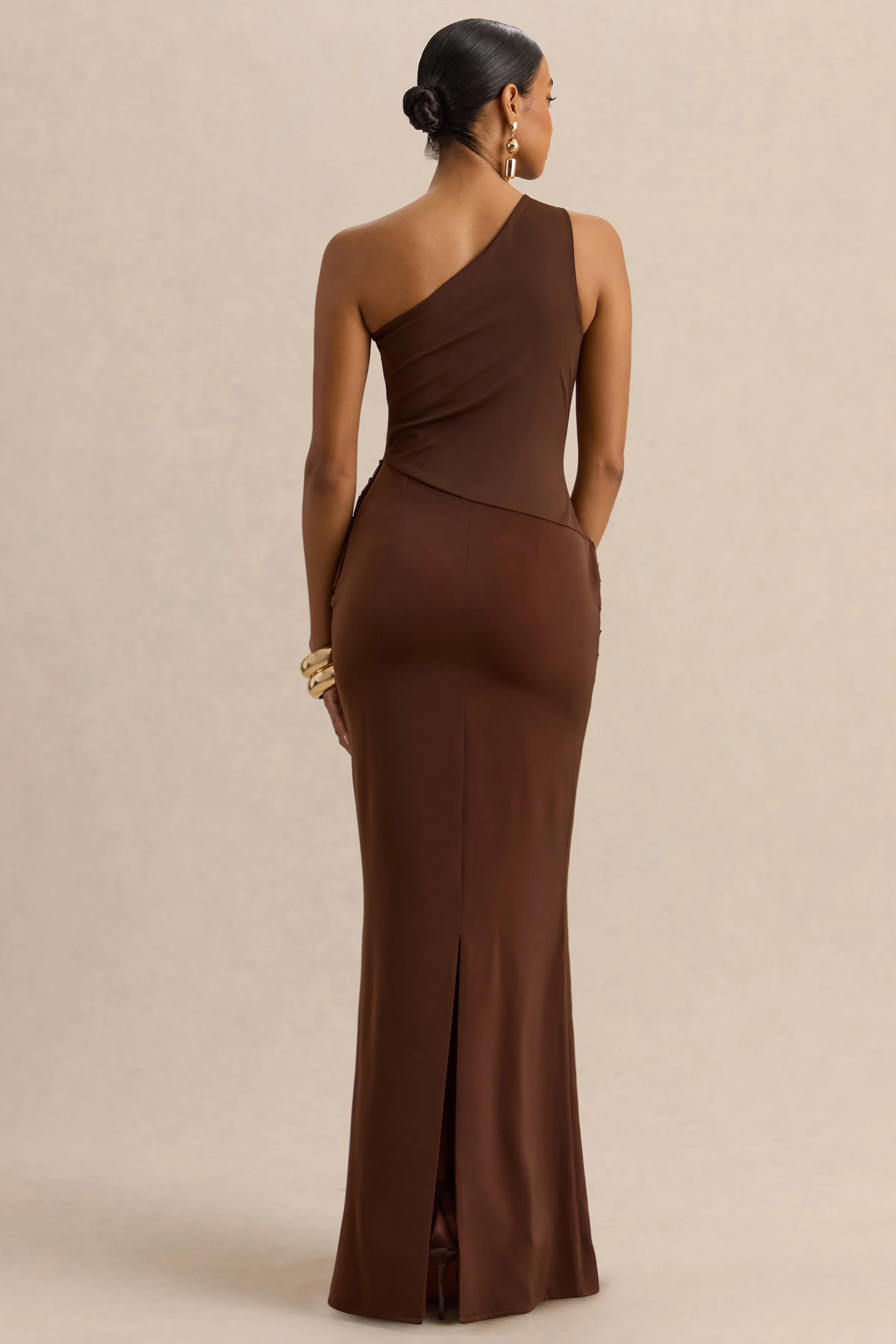 Arovia | Brown Satin Asymmetric-Neck Maxi Dress With Draped-Detail sold by Club L London product image thumbnail 2