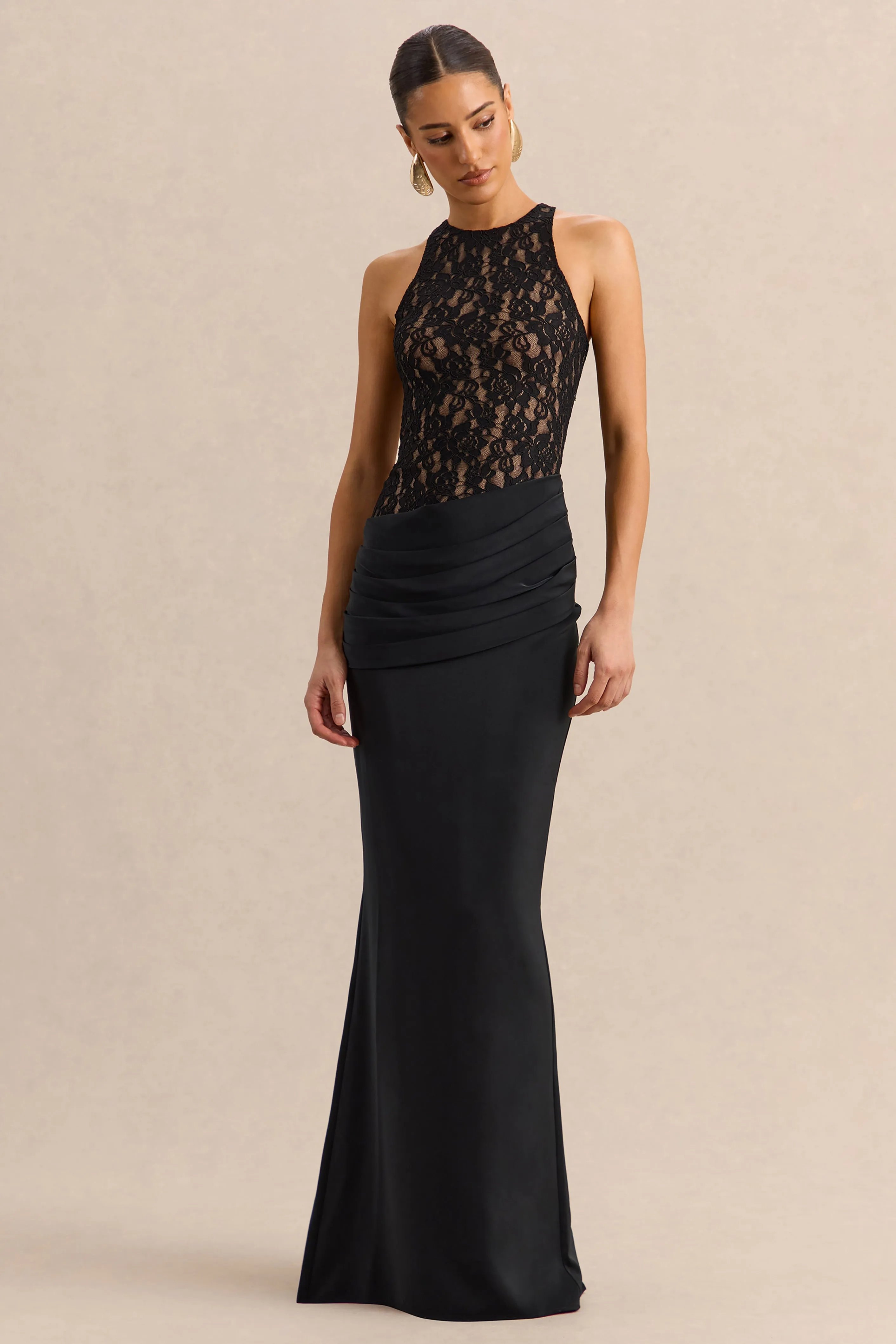 Anthelia | Black Lace And Satin Racer-Neck Maxi Dress With Draped-Detail sold by Club L London product image thumbnail 4