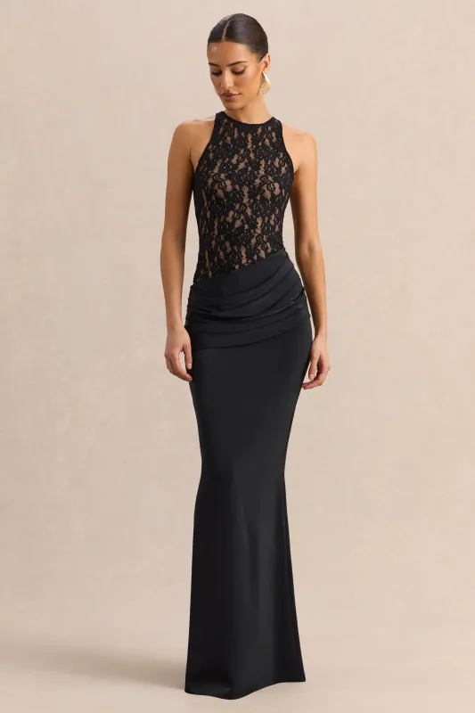 Anthelia | Black Lace And Satin Racer-Neck Maxi Dress With Draped-Detail made by Club L London