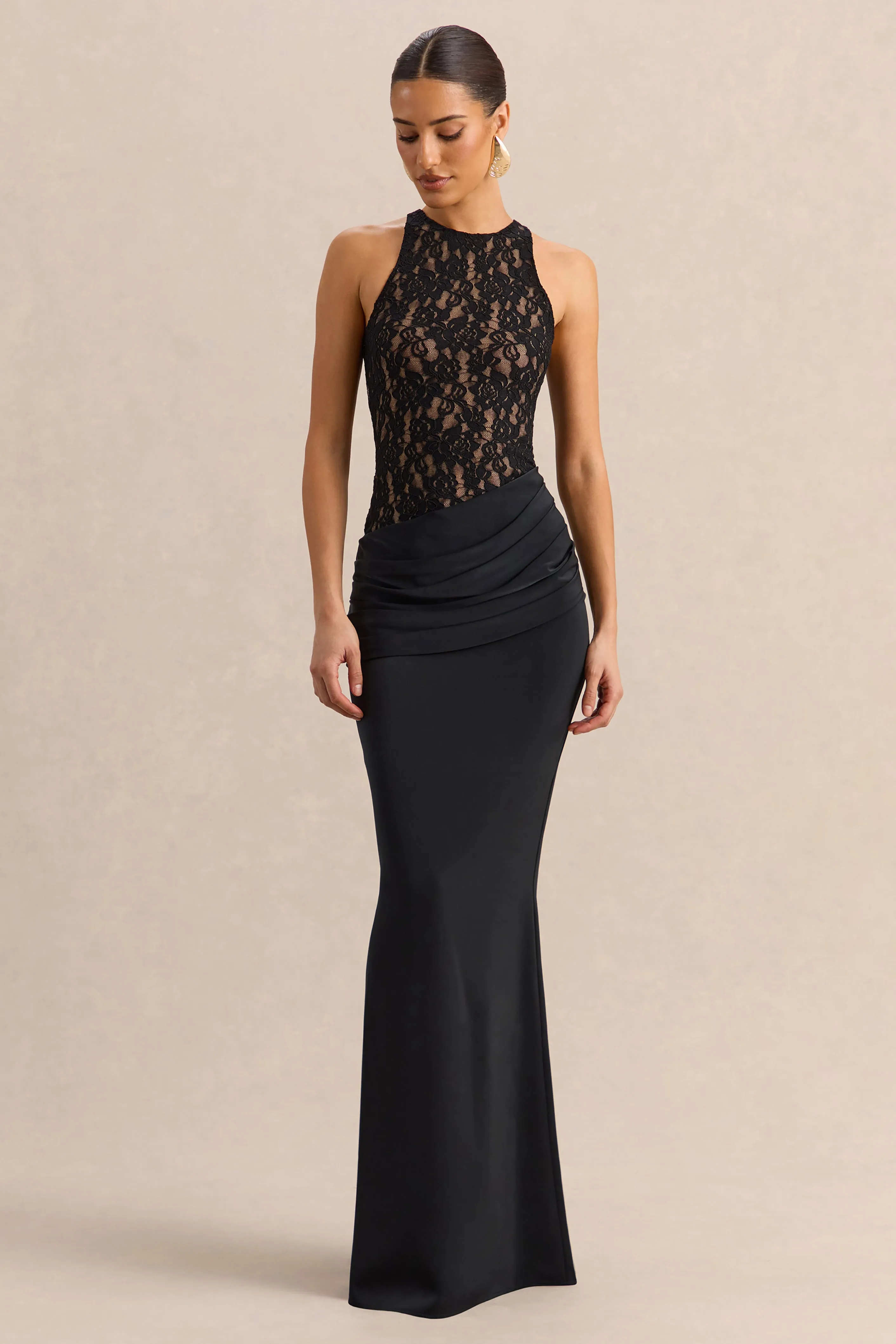 Anthelia | Black Lace And Satin Racer-Neck Maxi Dress With Draped-Detail sold by Club L London