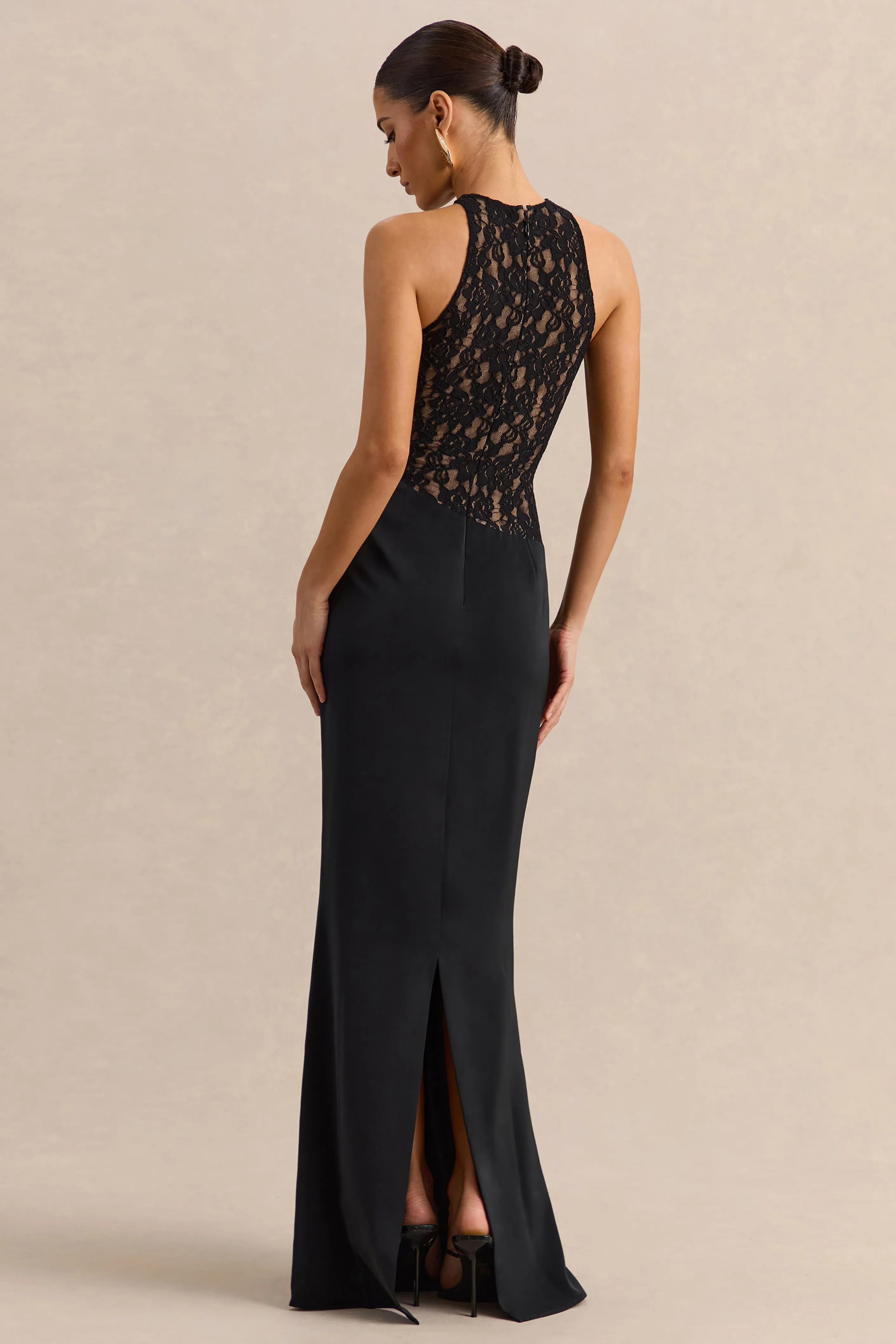 Anthelia | Black Lace And Satin Racer-Neck Maxi Dress With Draped-Detail sold by Club L London product image thumbnail 2
