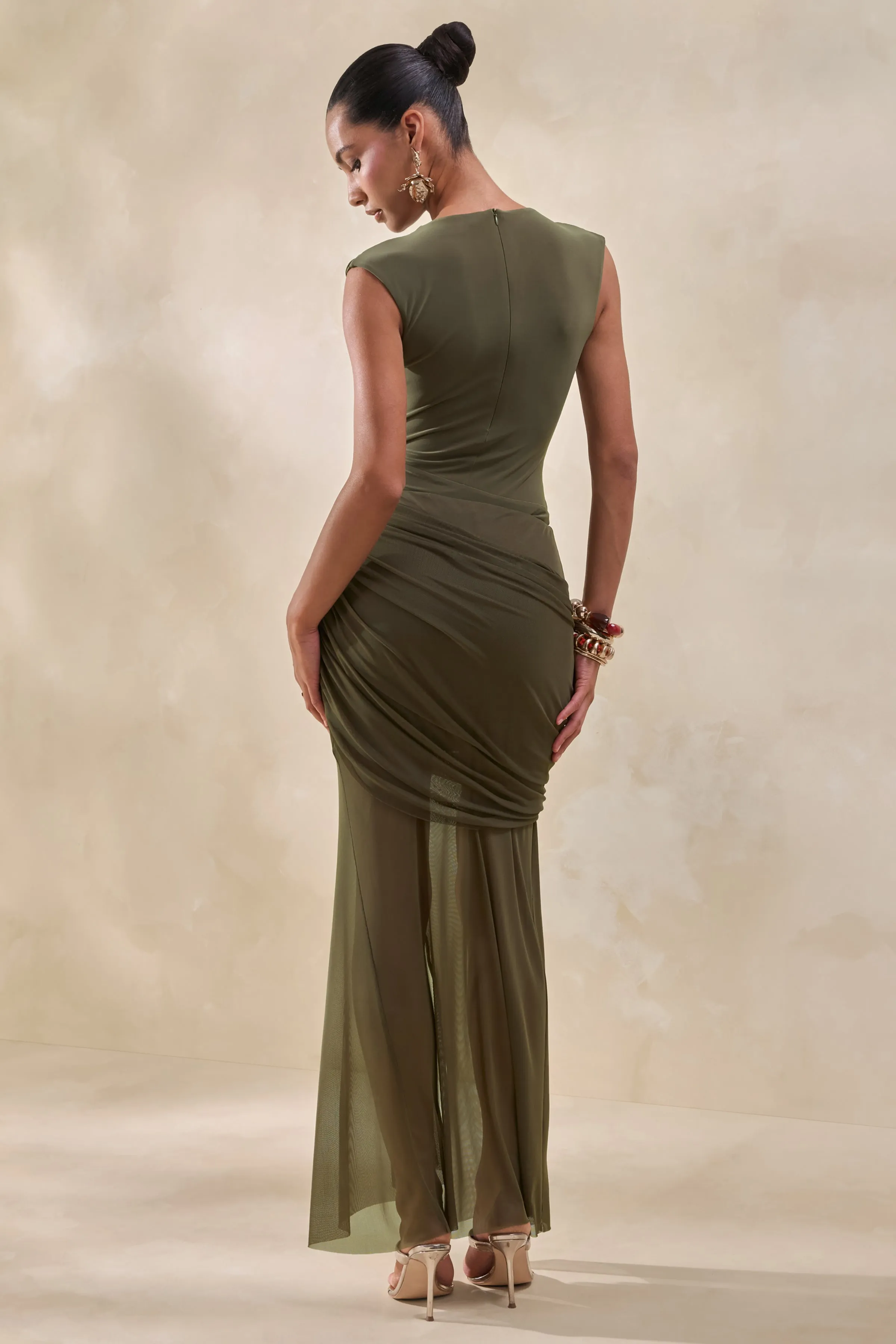 Kessia | Khaki Wide-Neck Thong Bodysuit With Mesh Detail sold by Club L London product image thumbnail 3