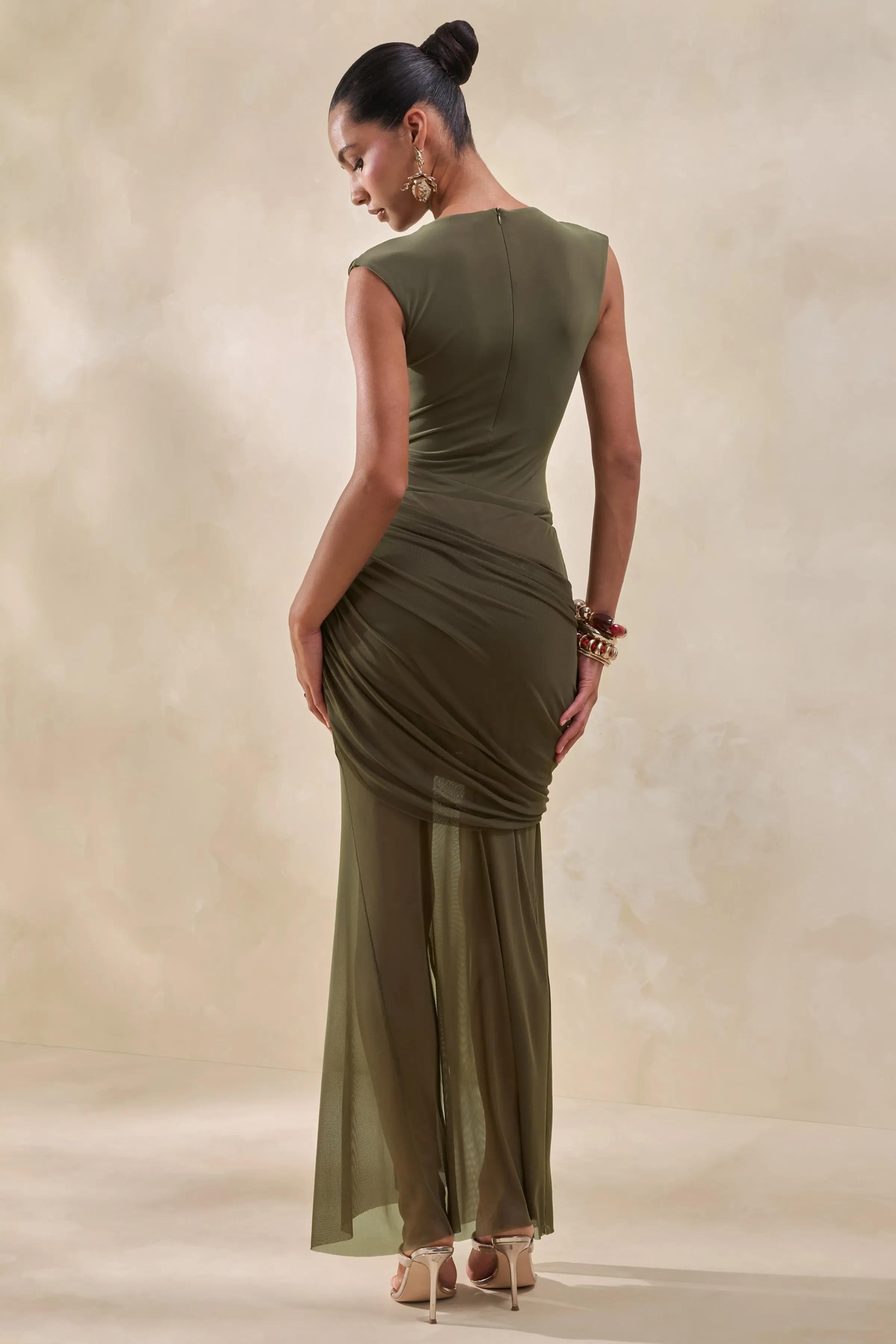 Persephone | Khaki Mesh Wrapped Maxi Skirt With Split sold by Club L London product image thumbnail 3