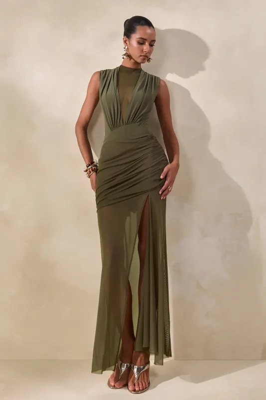Persephone | Khaki Mesh Wrapped Maxi Skirt With Split made by Club L London