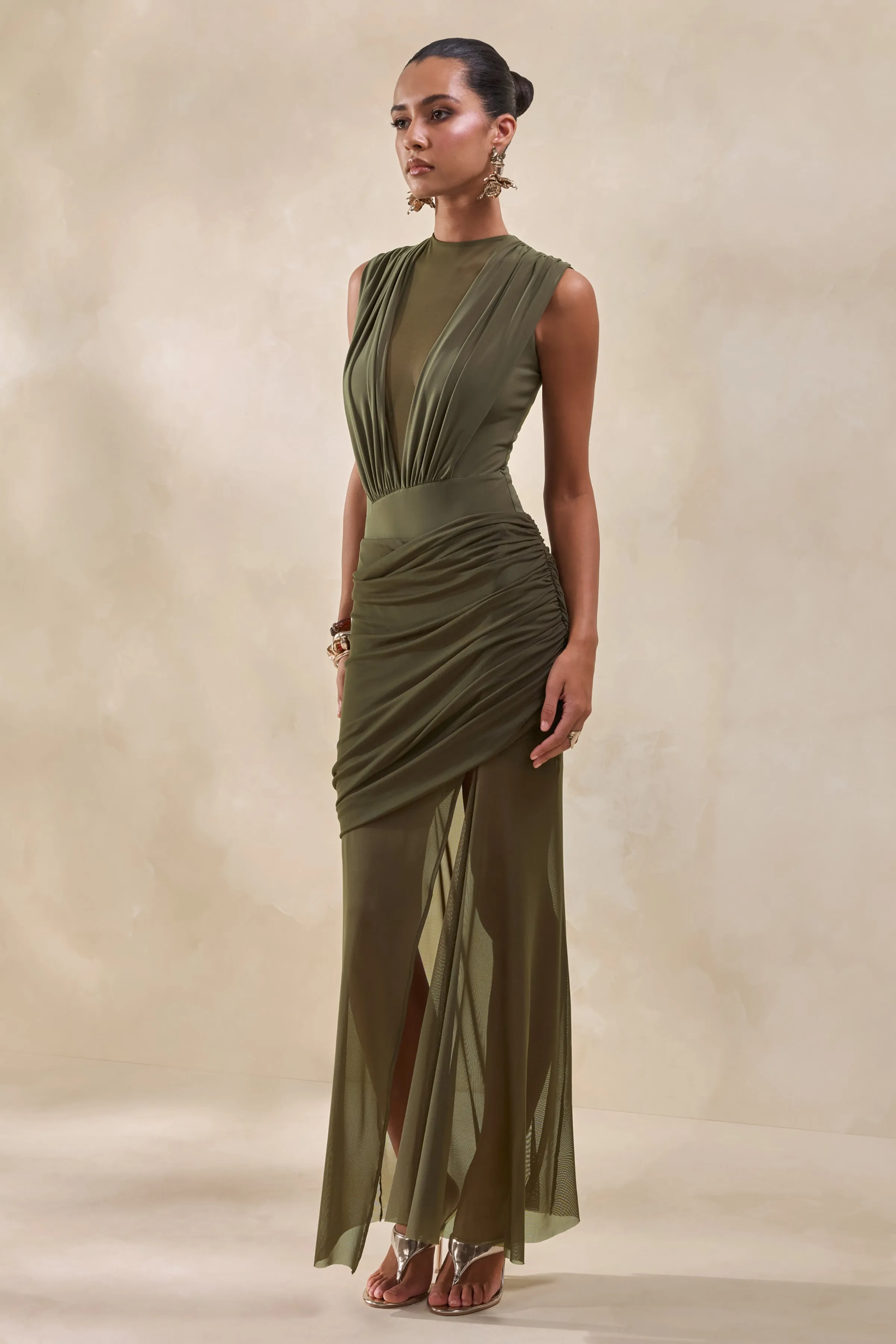 Persephone | Khaki Mesh Wrapped Maxi Skirt With Split sold by Club L London product image thumbnail 5