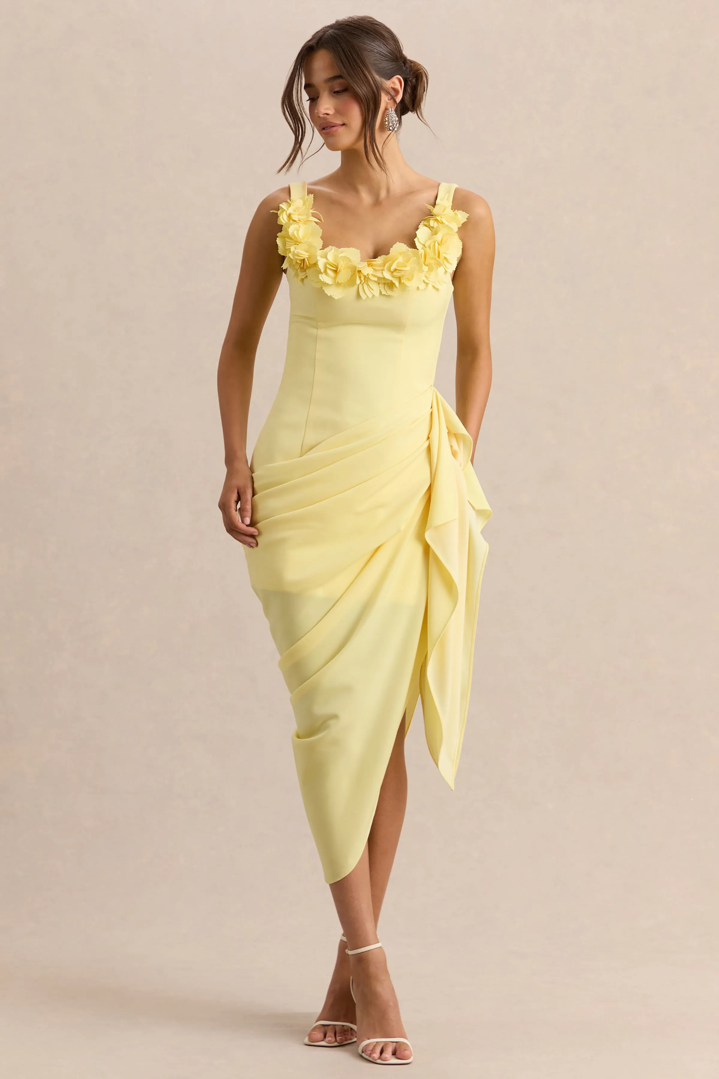 Letitia | Lemon Square-Neck Floral Detailed Wrap Midi Dress sold by Club L London