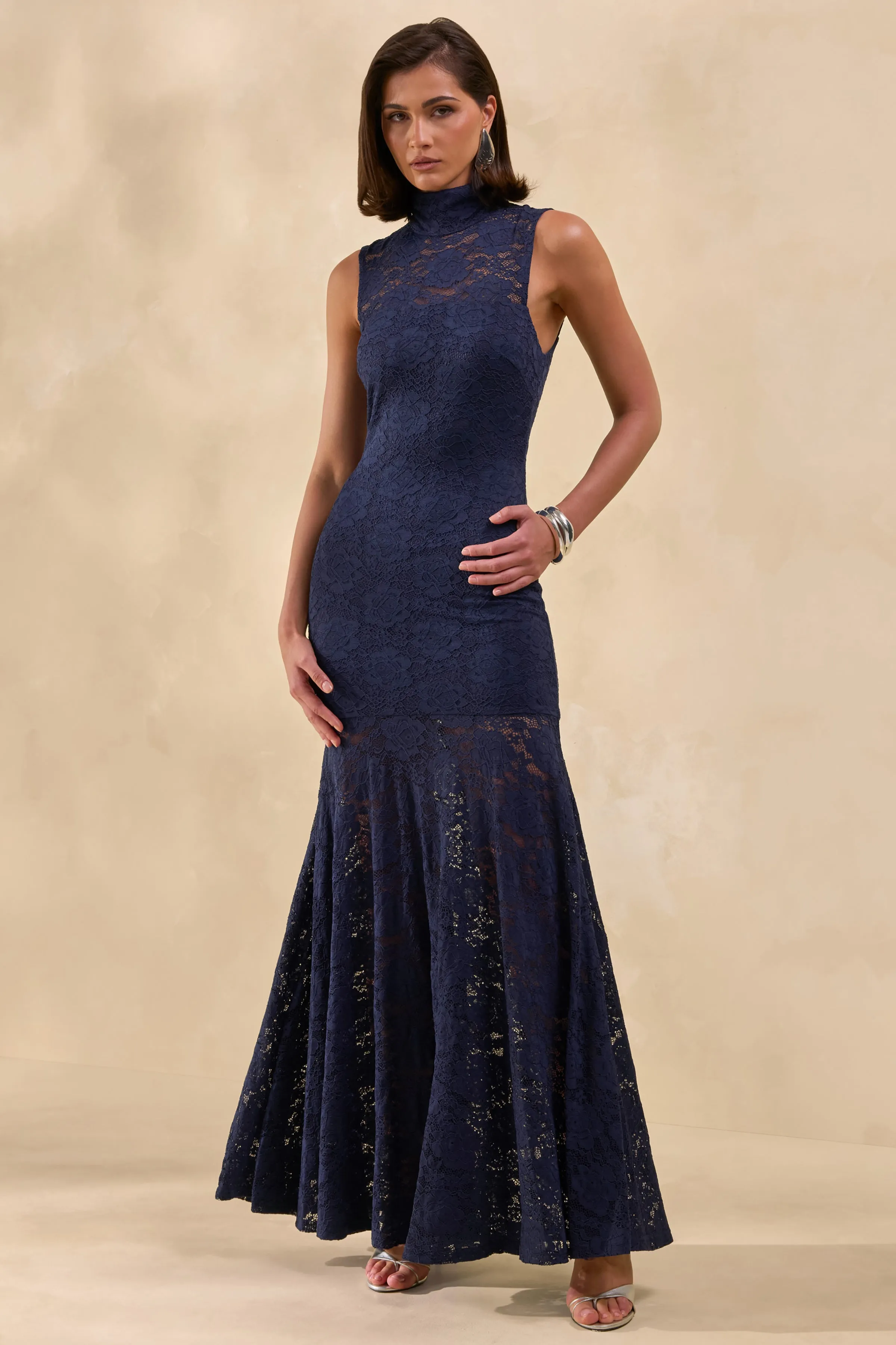 Esalyn | Navy Lace High-Neck Maxi Dress With Sheer-Skirt sold by Club L London product image thumbnail 4