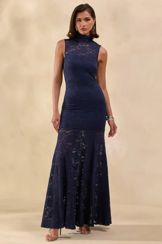 Esalyn | Navy Lace High-Neck Maxi Dress With Sheer-Skirt made by Club L London