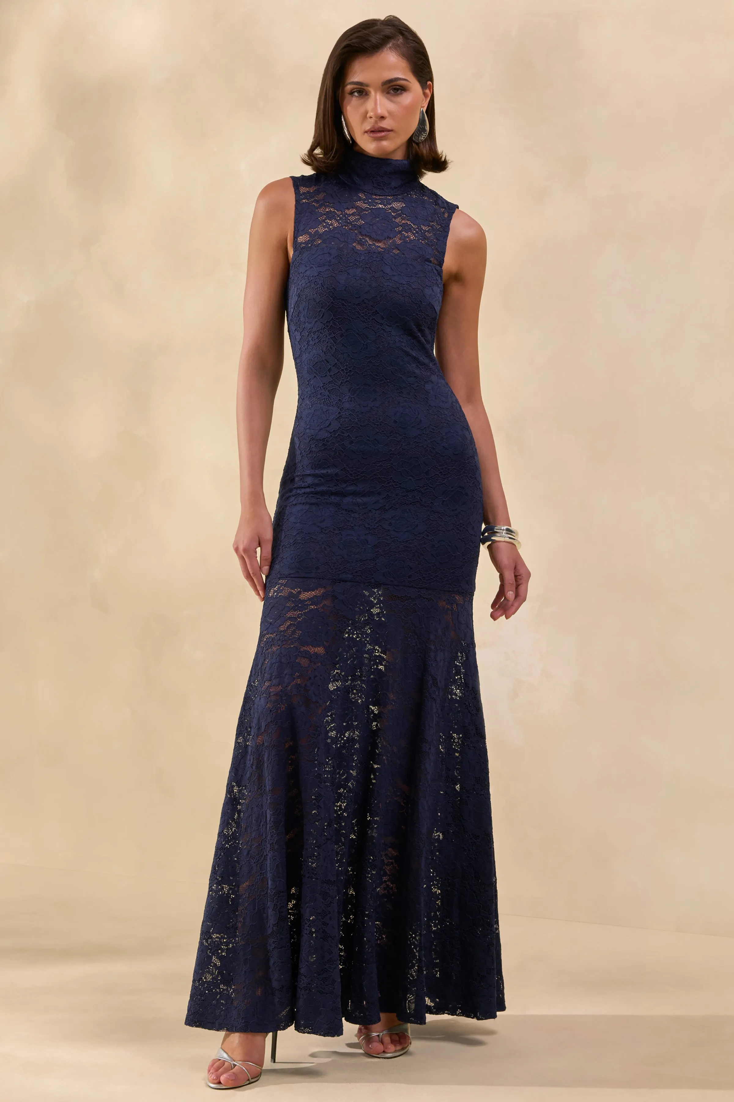 Esalyn | Navy Lace High-Neck Maxi Dress With Sheer-Skirt sold by Club L London