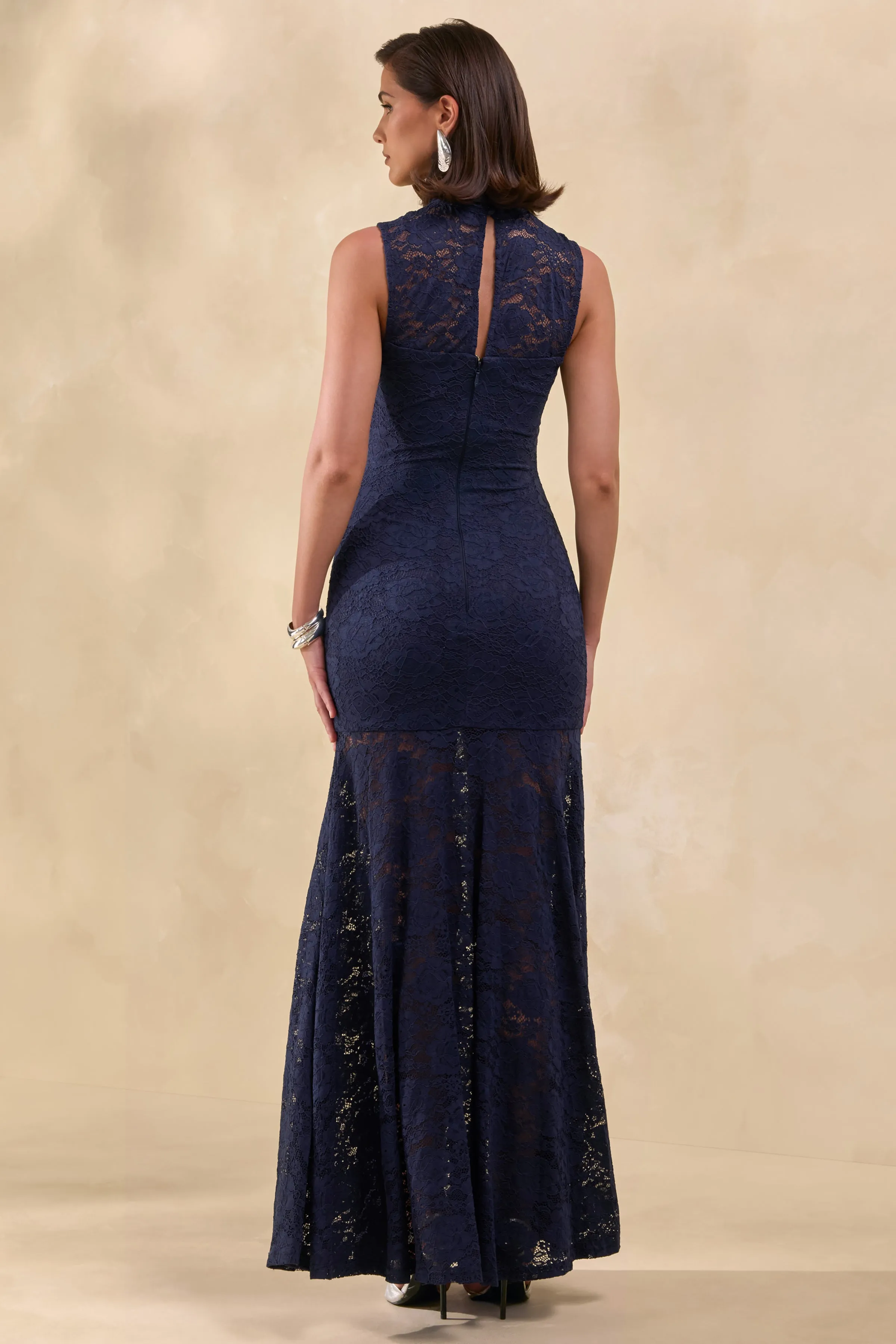 Esalyn | Navy Lace High-Neck Maxi Dress With Sheer-Skirt sold by Club L London product image thumbnail 5