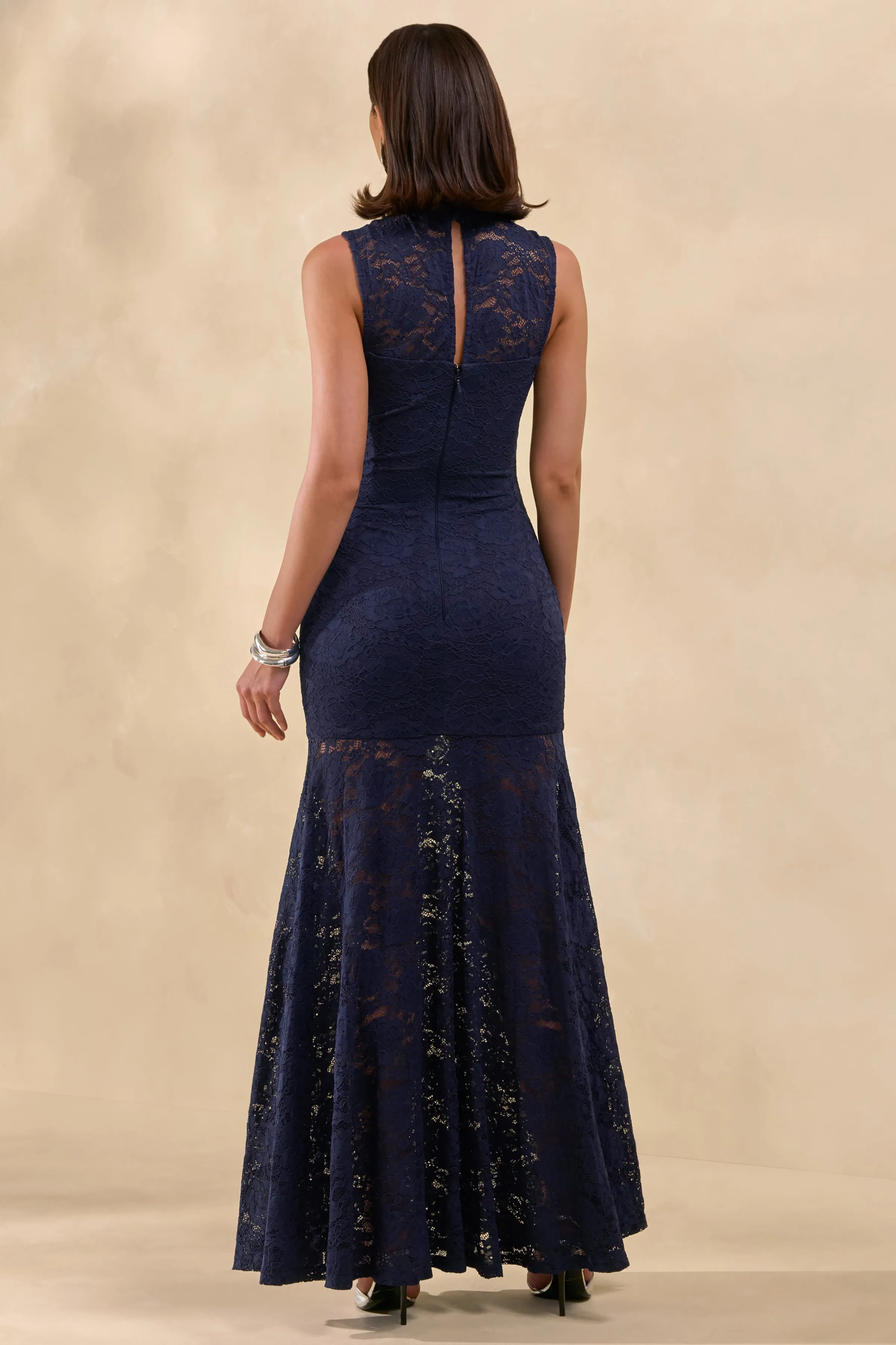 Esalyn | Navy Lace High-Neck Maxi Dress With Sheer-Skirt sold by Club L London product image thumbnail 2