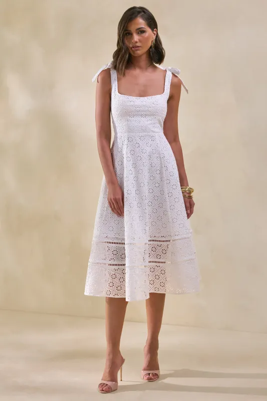 Veralia | White Broderie Square-Neck Midi-Dress With Bow-Sleeves made by Club L London
