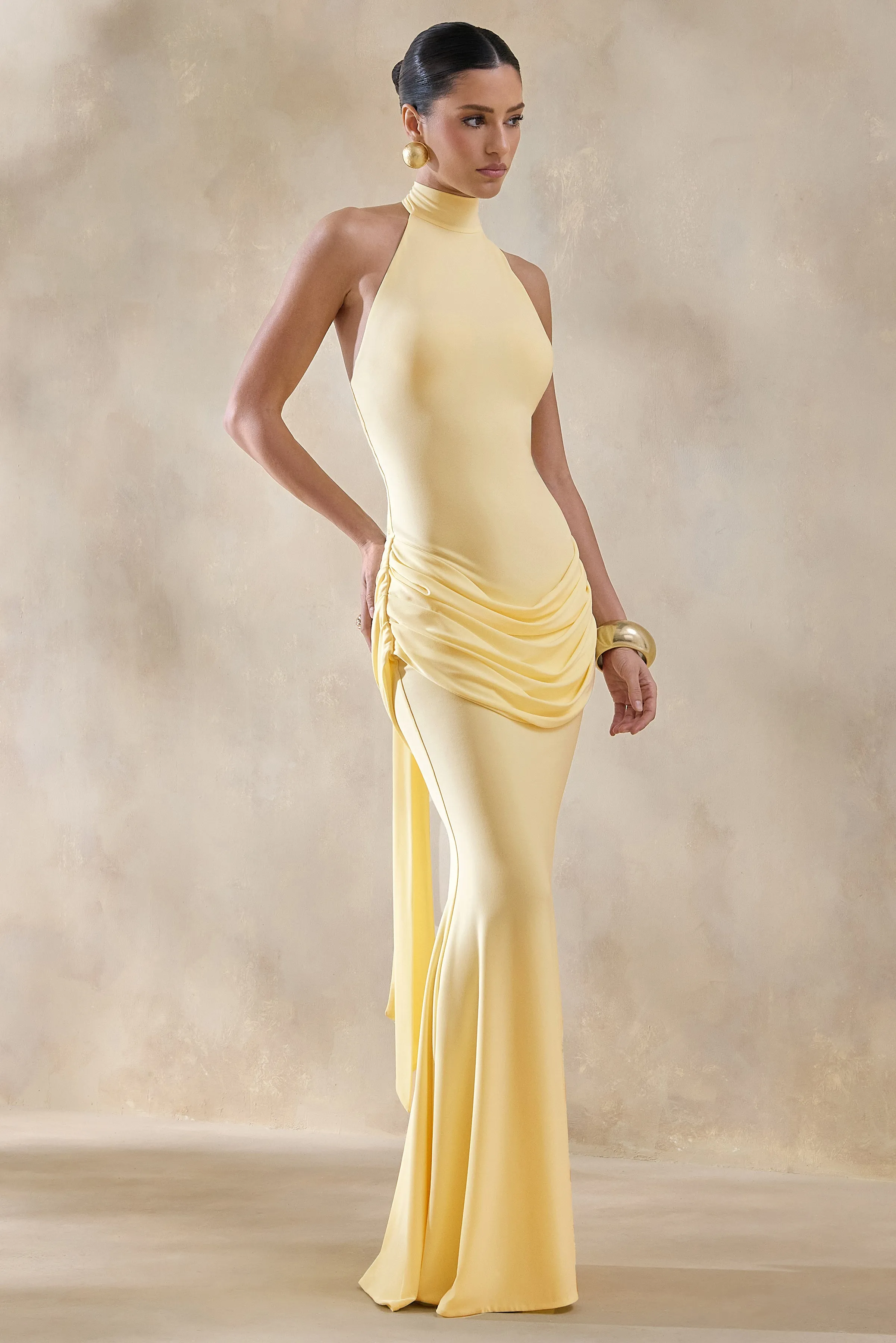 Daisy | Lemon Halter-Neck Maxi Dress With Draped-Detailing sold by Club L London product image thumbnail 5