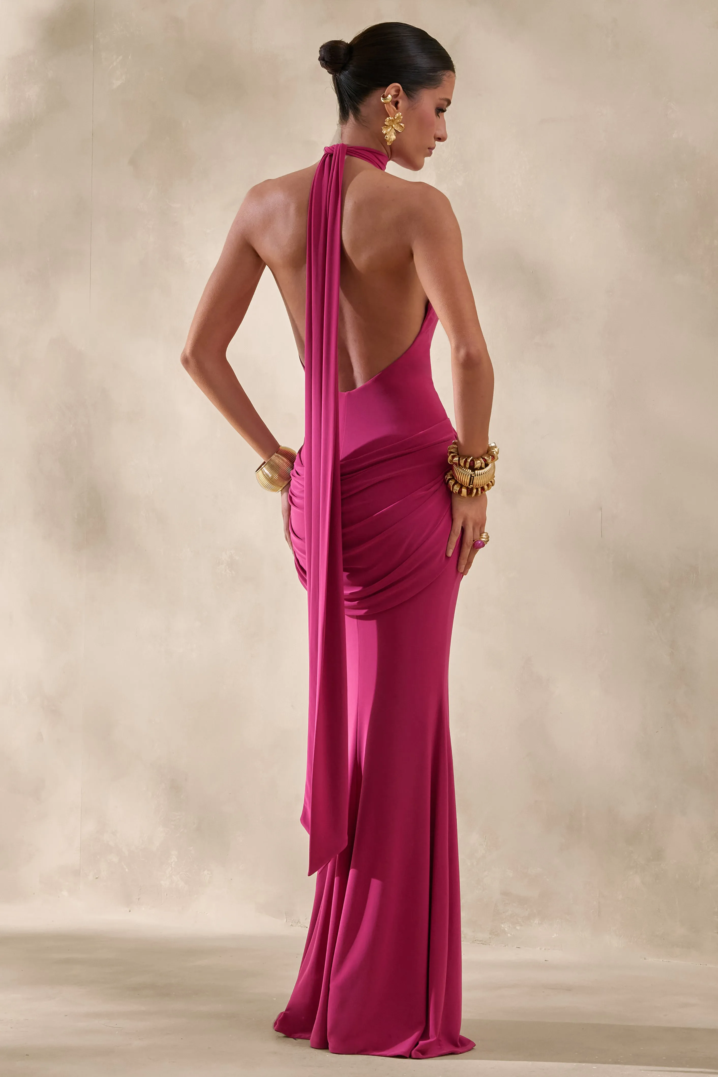 Daisy | Hot Pink Halter-Neck Maxi Dress With Draped-Detailing sold by Club L London