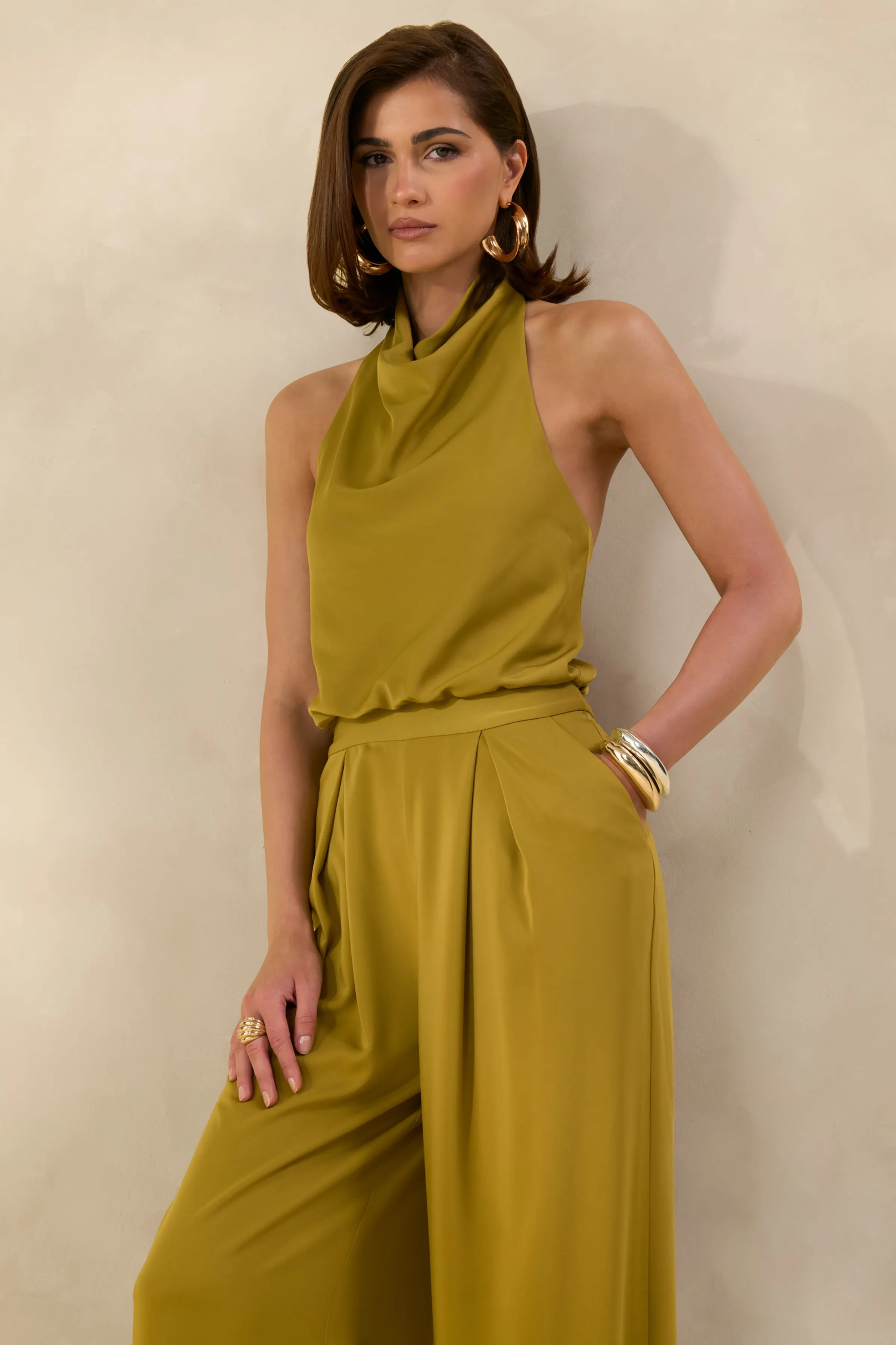 Elisra | Olive Satin Halter-Neck Jumpsuit sold by Club L London product image thumbnail 3