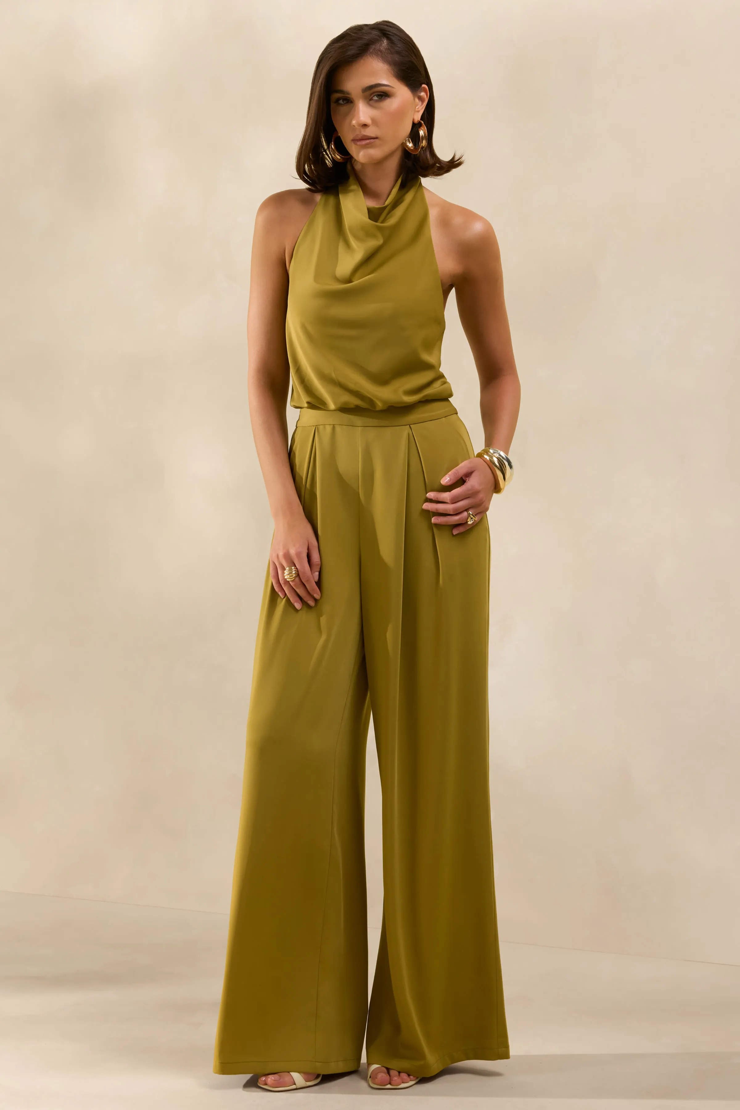 Elisra | Olive Satin Halter-Neck Jumpsuit sold by Club L London product image thumbnail 4