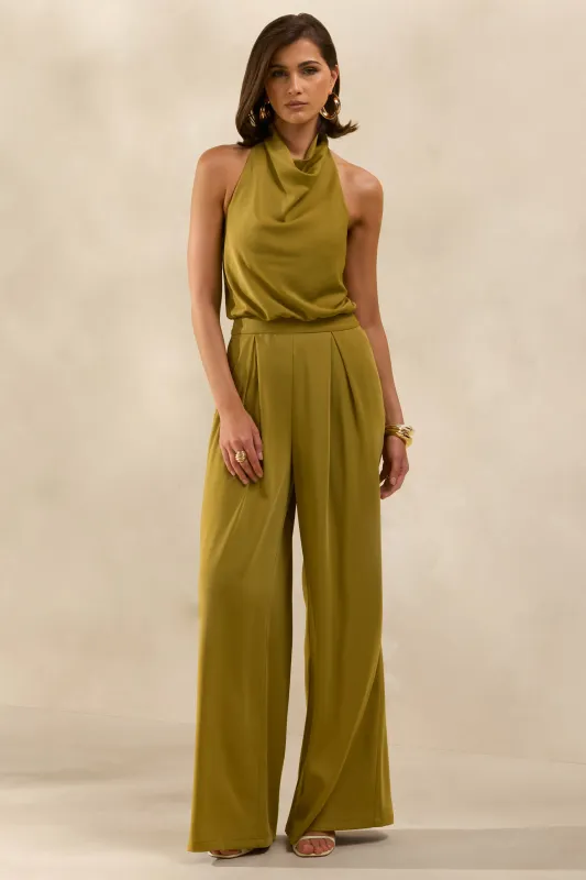 Elisra | Olive Satin Halter-Neck Jumpsuit made by Club L London