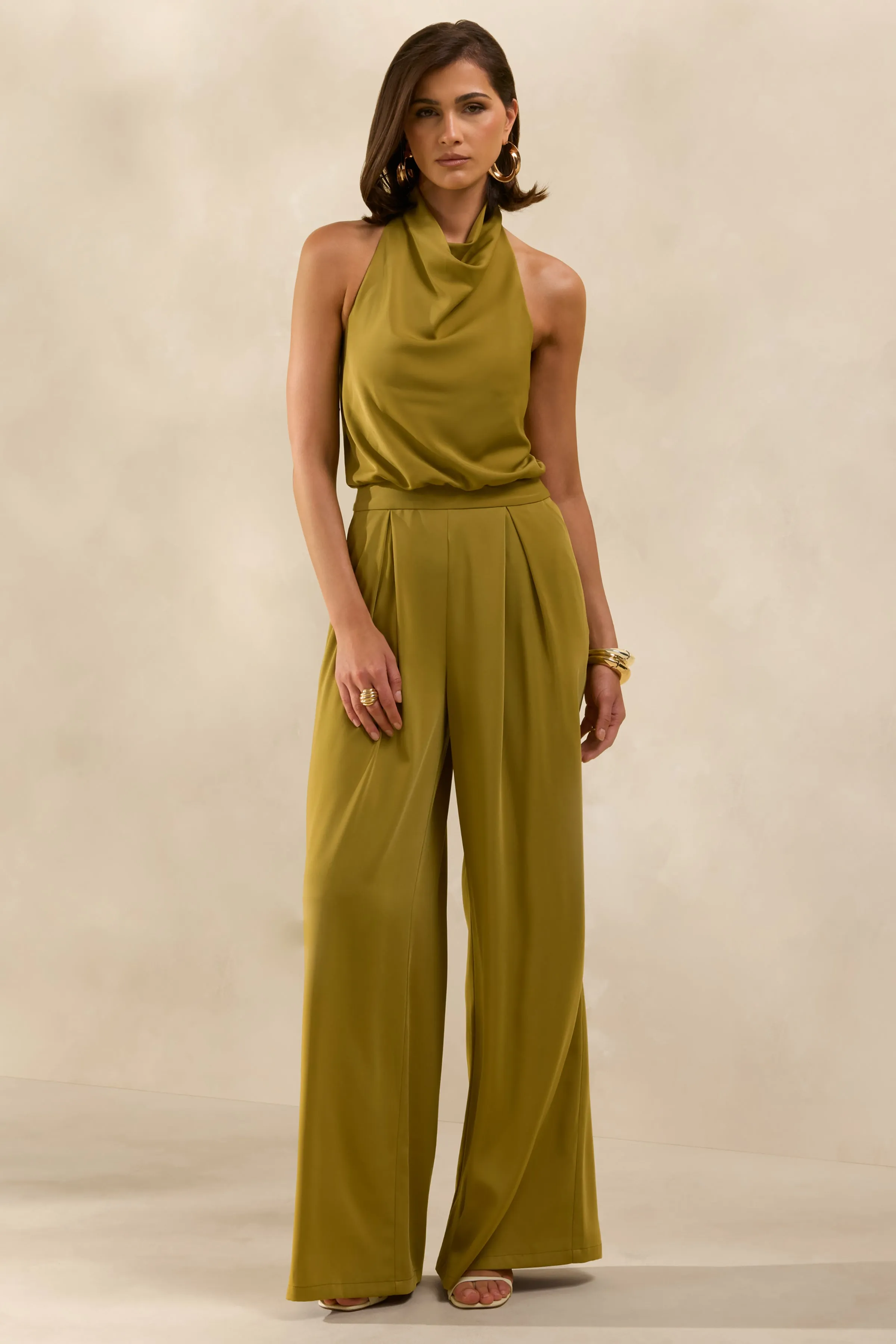 Elisra | Olive Satin Halter-Neck Jumpsuit sold by Club L London