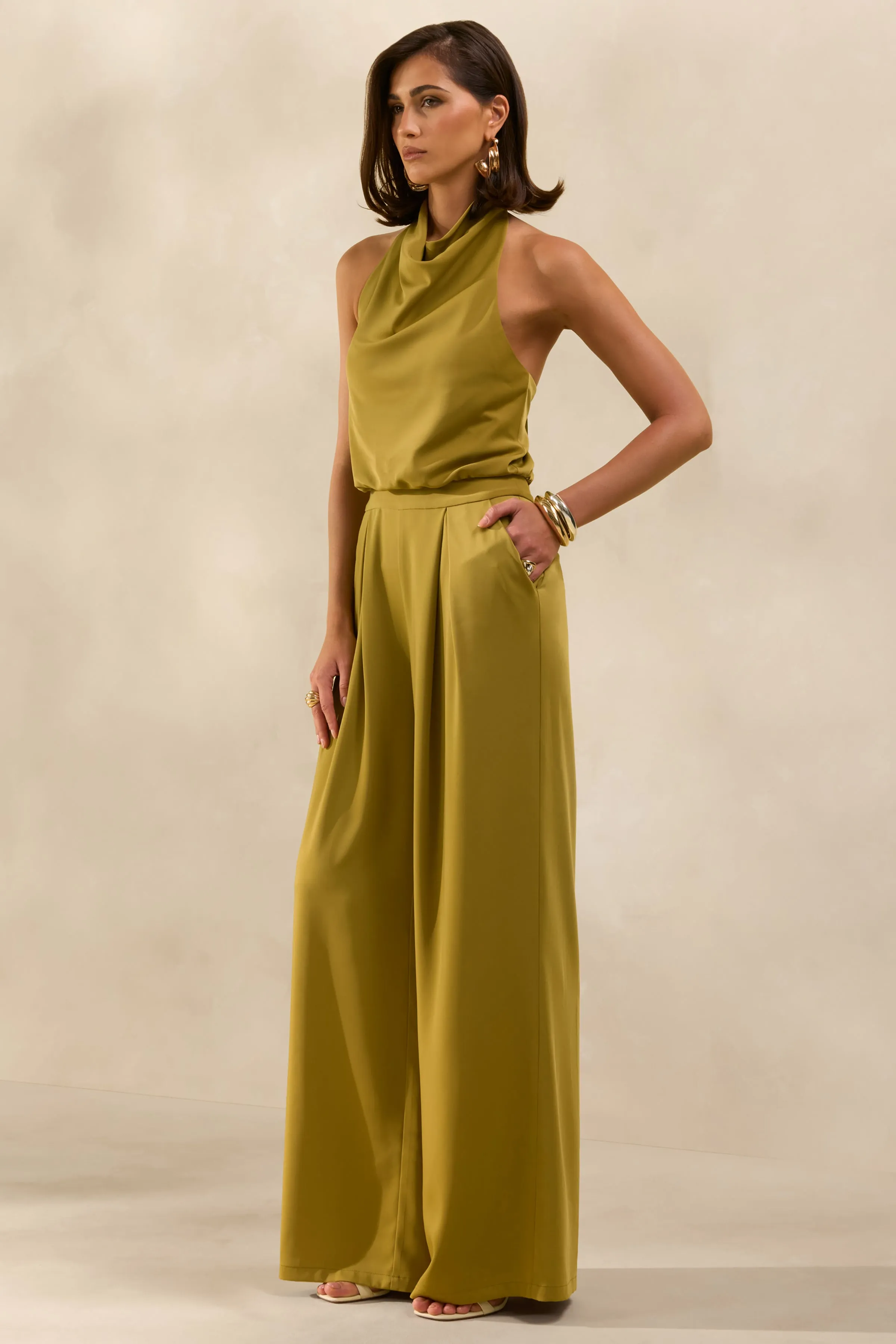 Elisra | Olive Satin Halter-Neck Jumpsuit sold by Club L London product image thumbnail 5