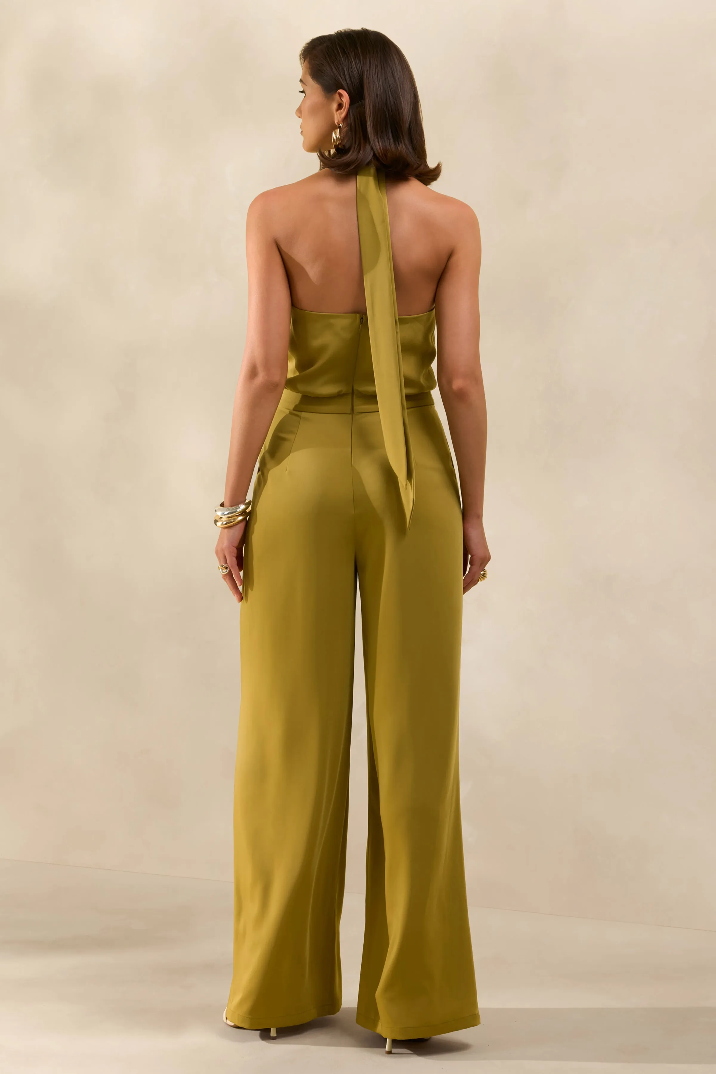 Elisra | Olive Satin Halter-Neck Jumpsuit sold by Club L London product image thumbnail 2