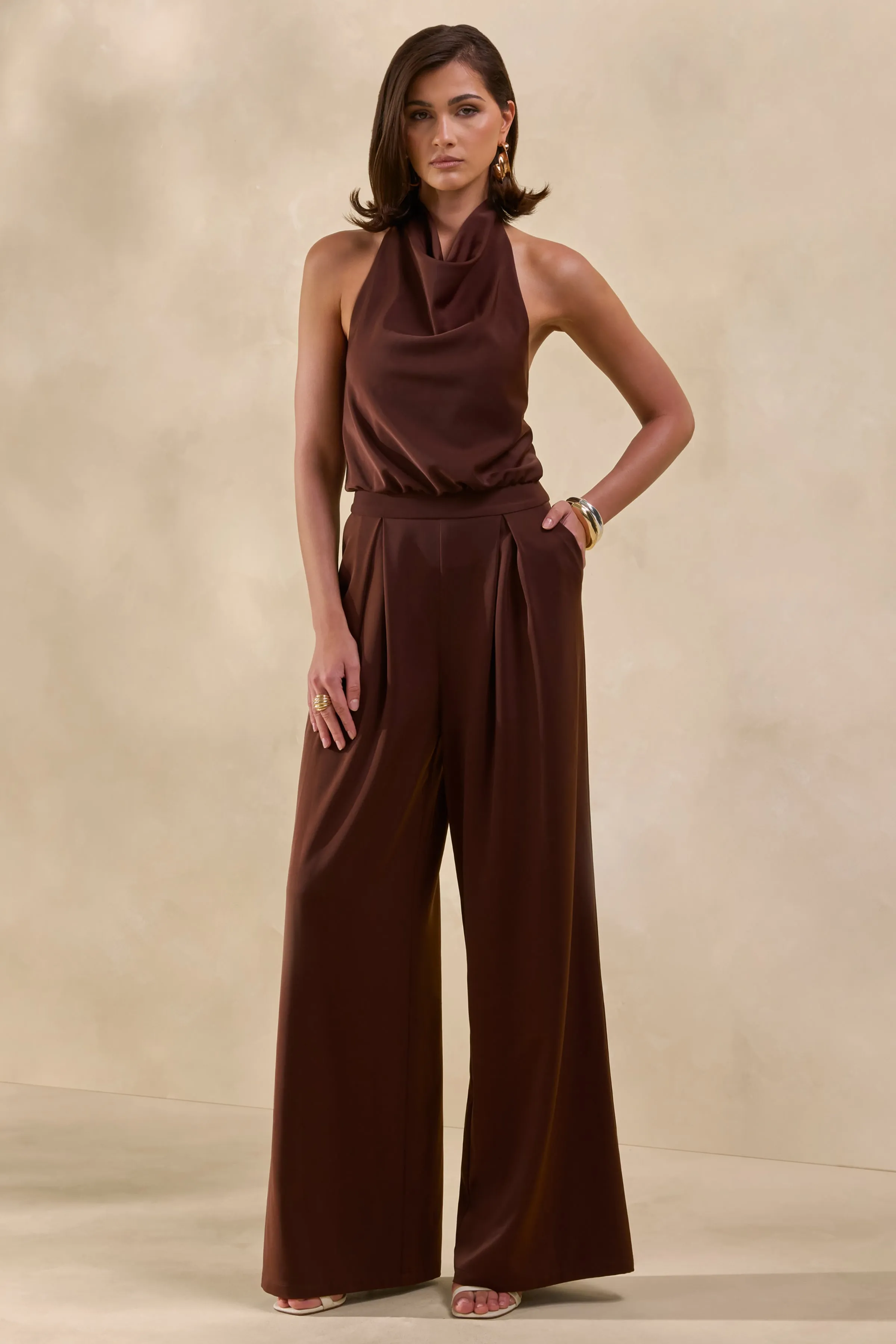 Elisra | Brown Satin Halter-Neck Jumpsuit sold by Club L London product image thumbnail 5
