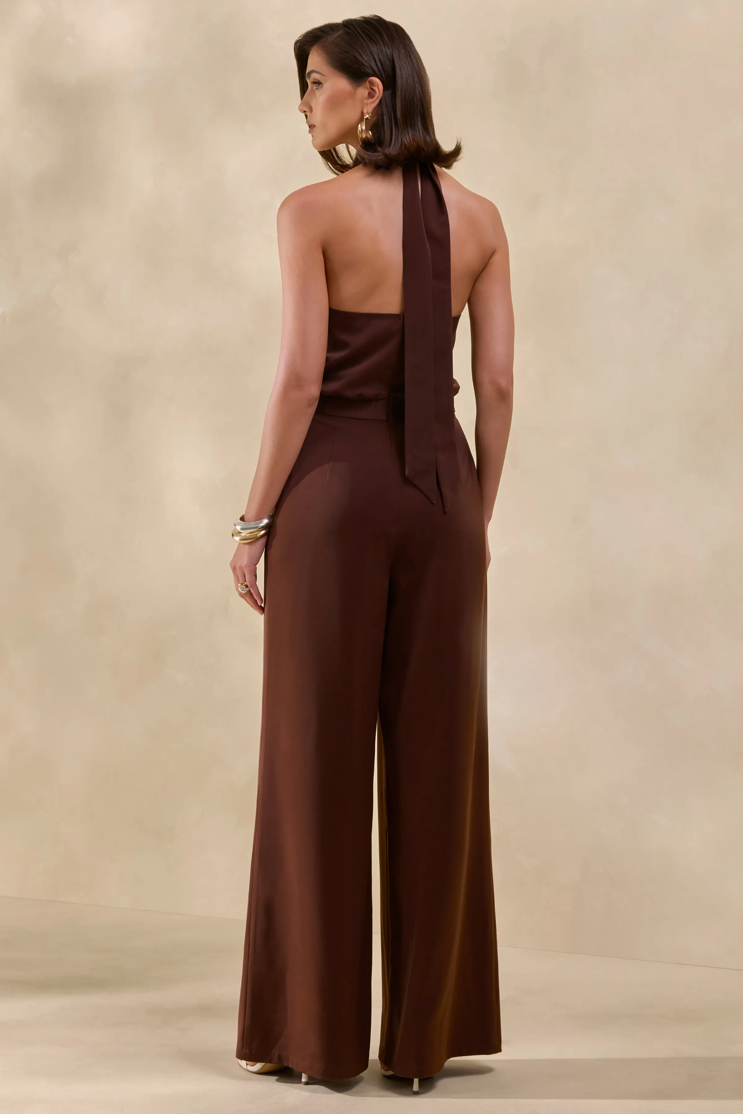 Elisra | Brown Satin Halter-Neck Jumpsuit sold by Club L London product image thumbnail 2