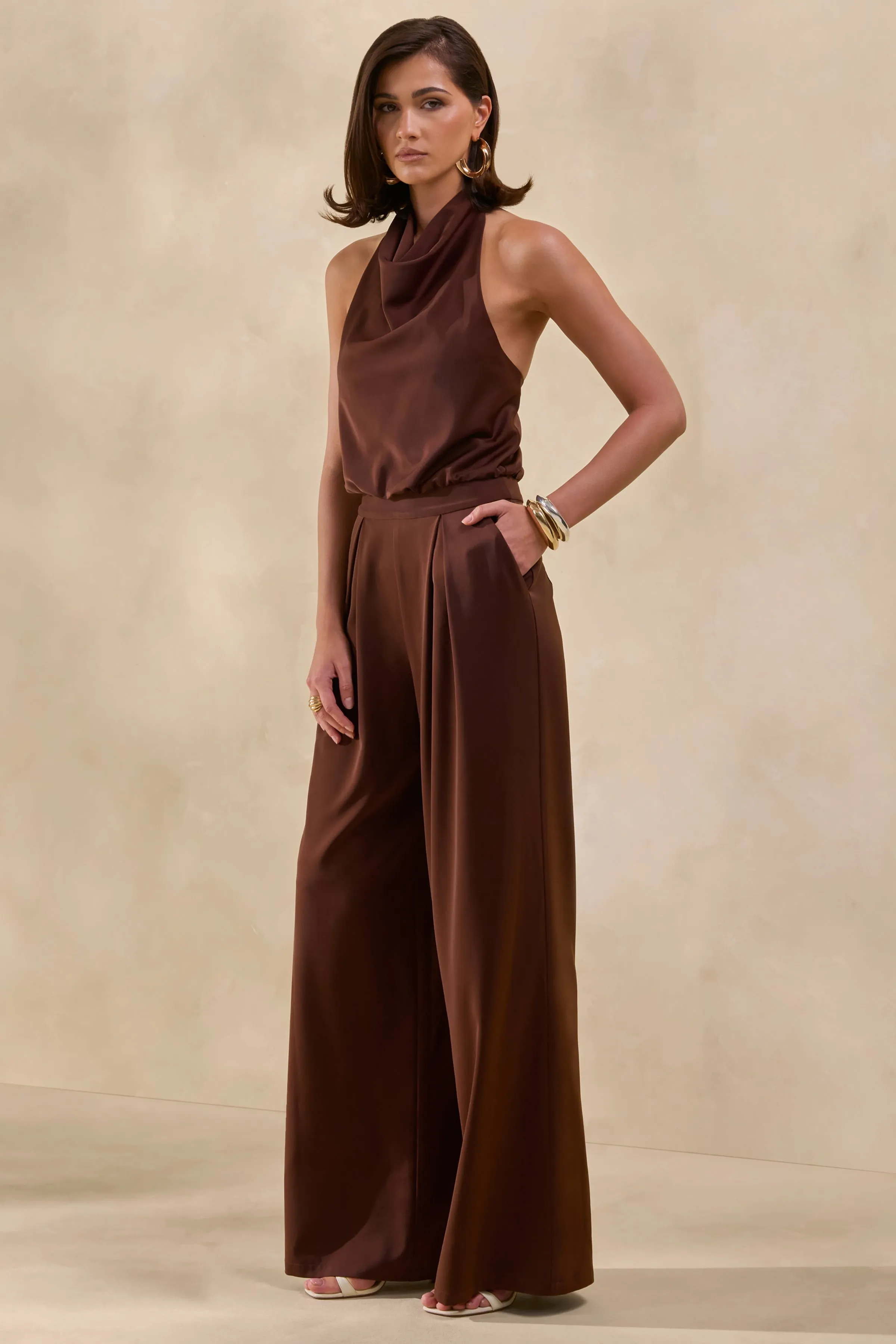 Elisra | Brown Satin Halter-Neck Jumpsuit sold by Club L London product image thumbnail 4