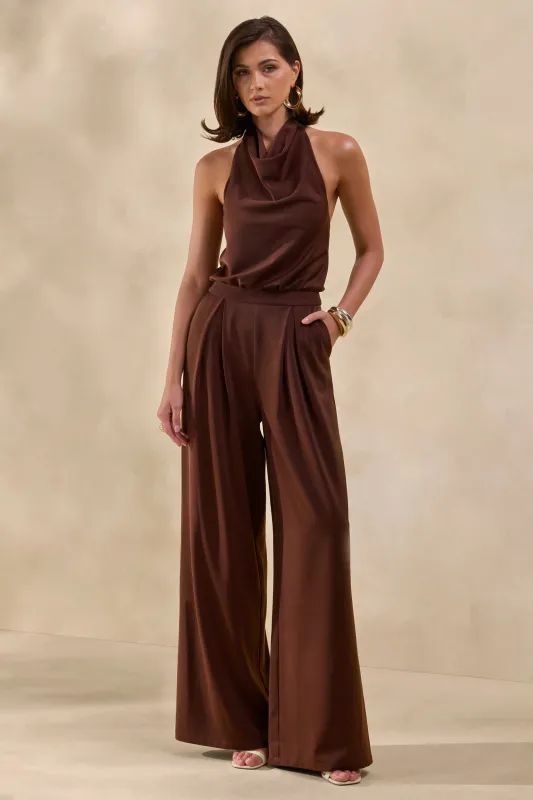 Elisra | Brown Satin Halter-Neck Jumpsuit made by Club L London