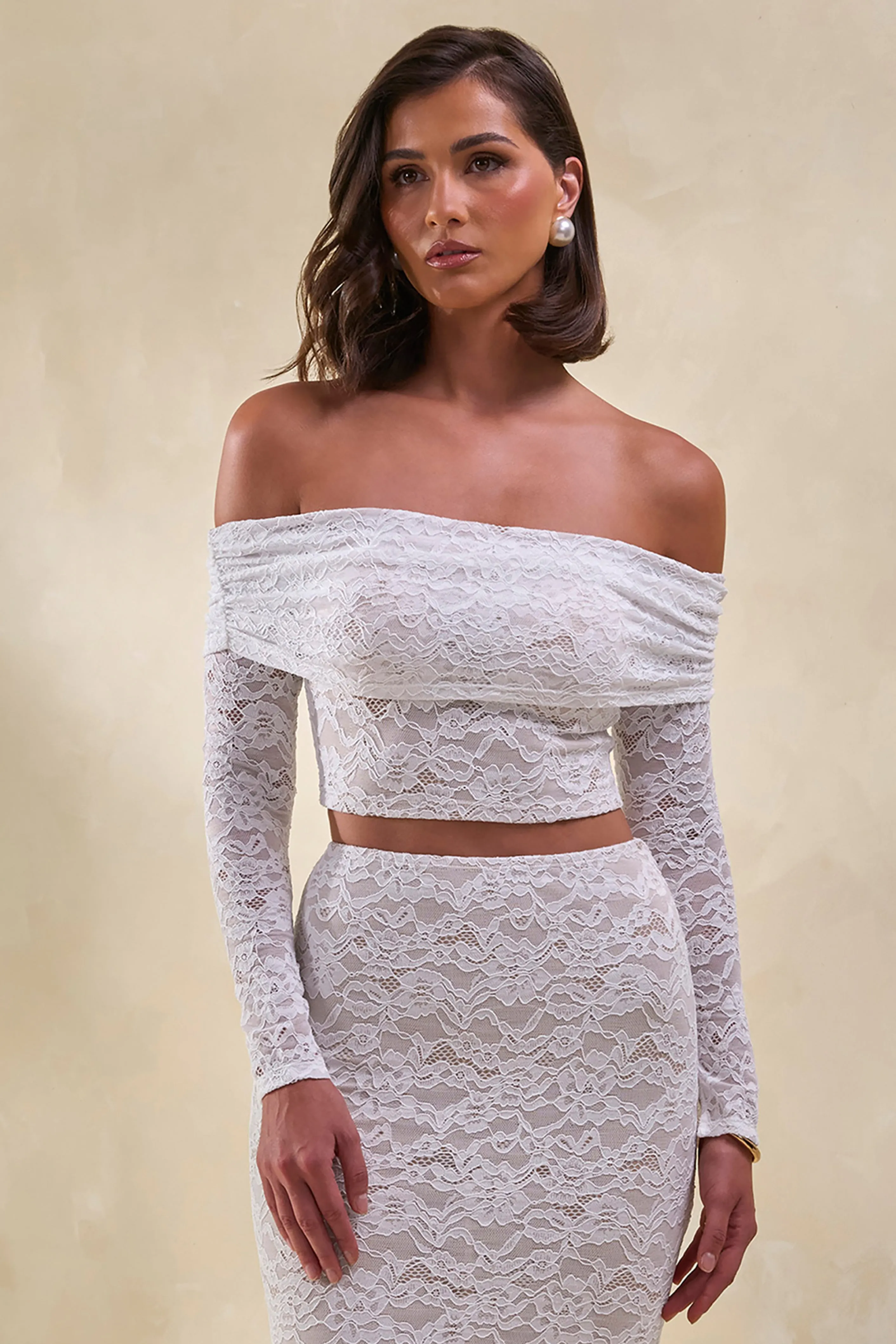 Virena | White Lace Bardot-Neck Crop-Top sold by Club L London
