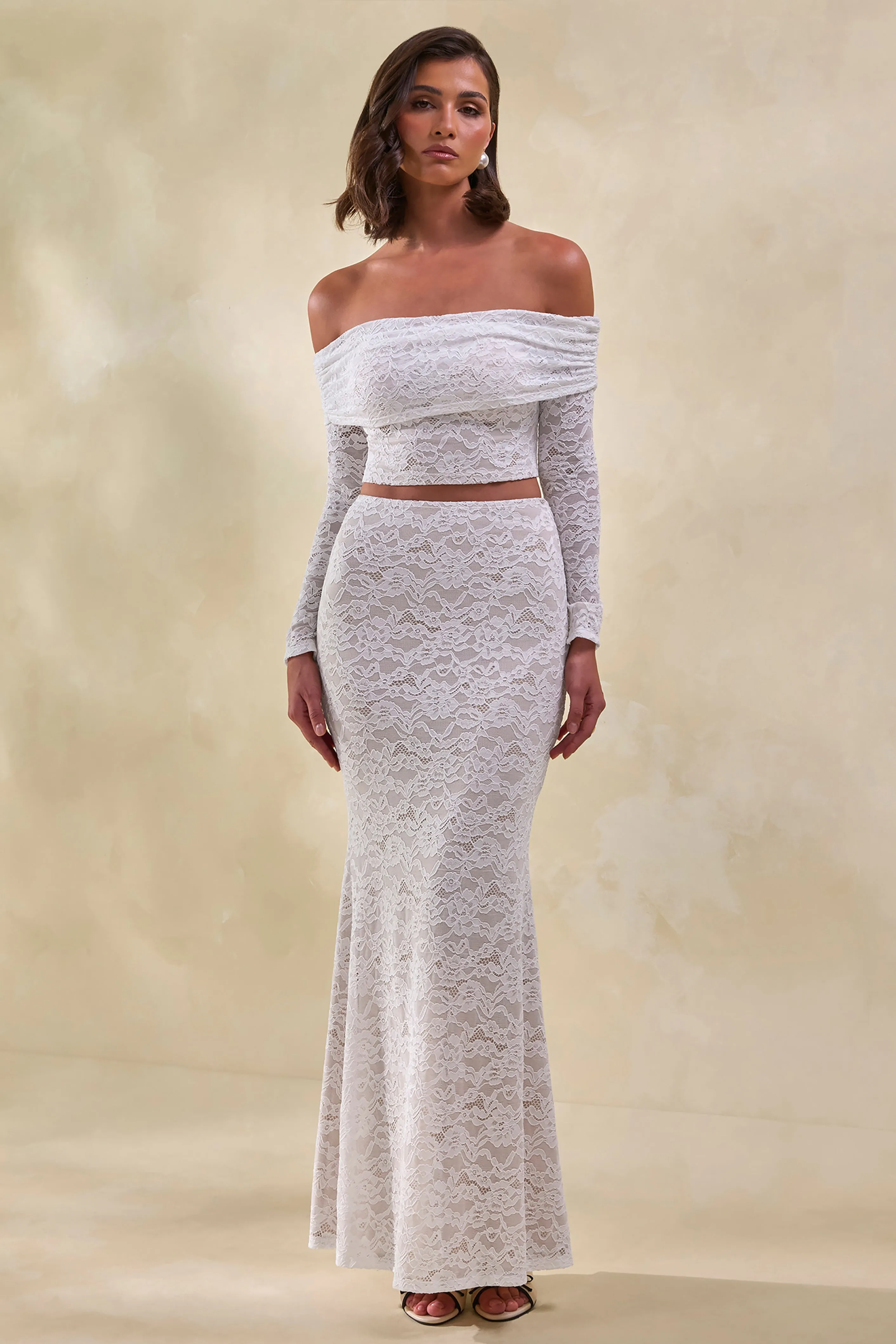 Virena | White Lace Bardot-Neck Crop-Top sold by Club L London product image thumbnail 2