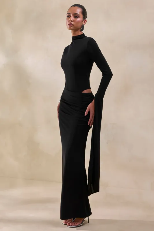Adessa | Black Asymmetric Waist Ruched Maxi Skirt made by Club L London